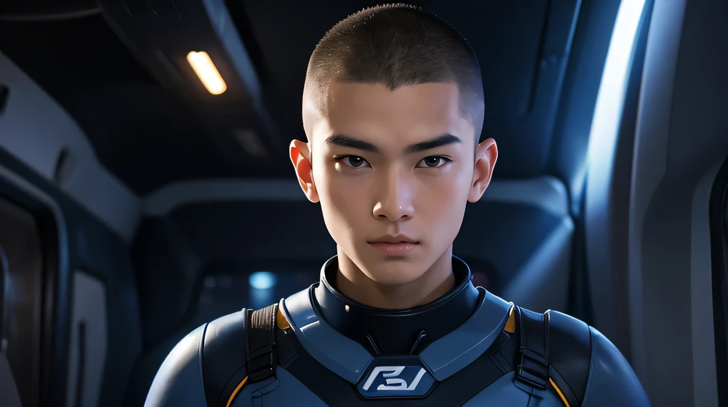 Handsome Japanese 17 year old　Baby Face　Beautiful boy　　Shaved head　　　　A very tight plain navy rubber suit　SF 　future　universe　Science fiction
