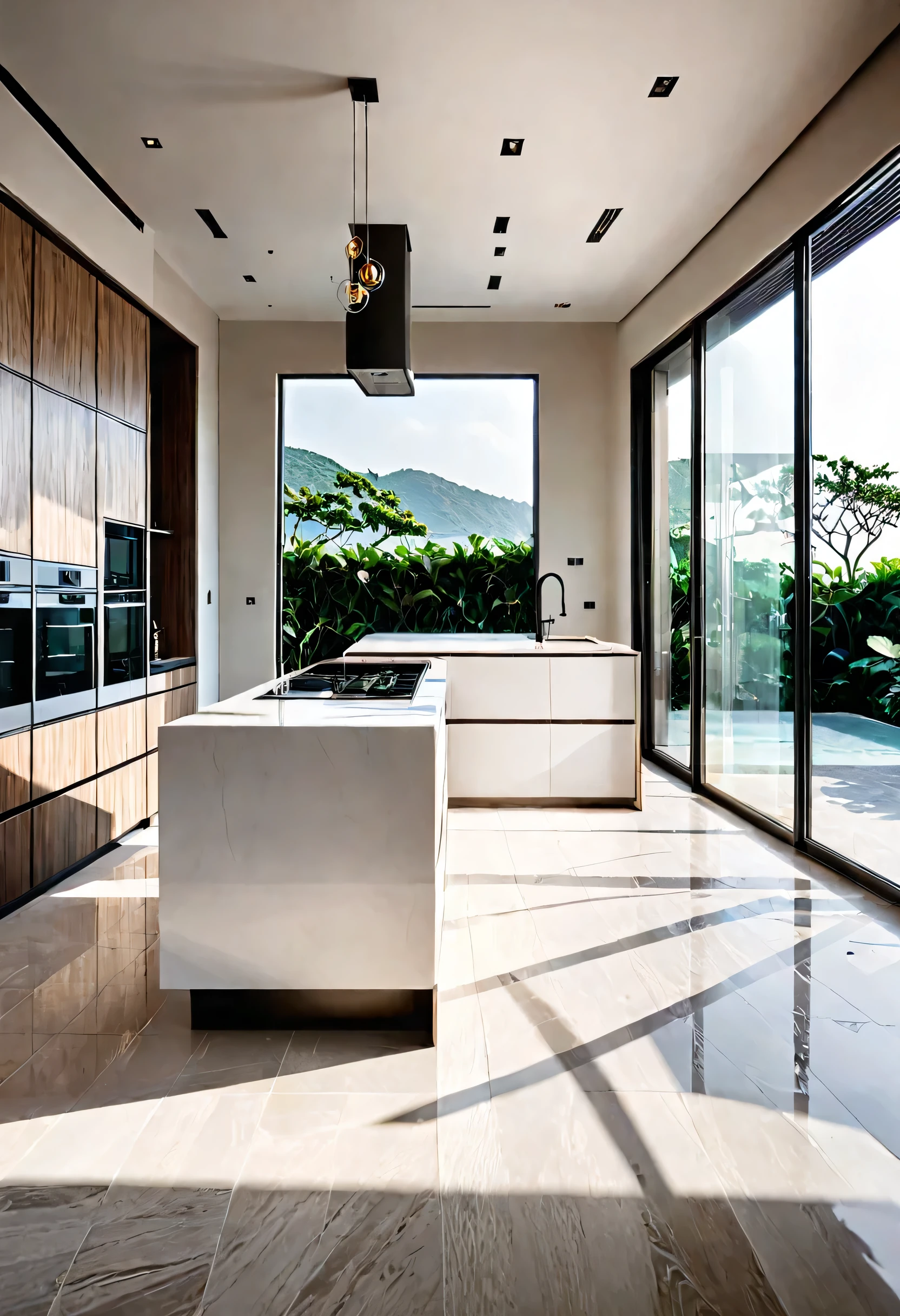 RAW photos,masterpiece, high quality, best quality, for real, Super Detail,Villa kitchen, Minimalist open kitchen, Modern kitchen style,Island,Island stove,Floor-to-ceiling windows,High-end decoration(sunlight:1.1)