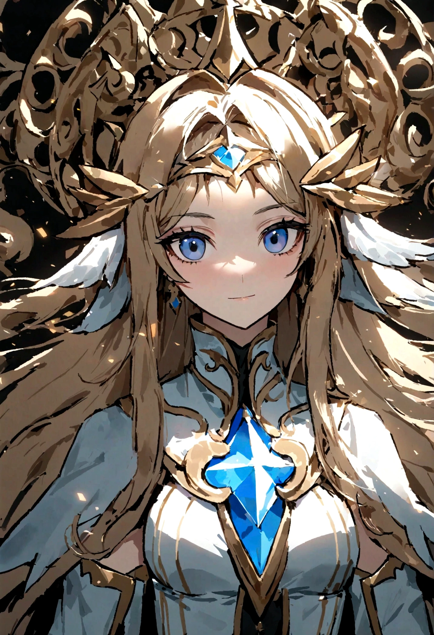 a close-up of a woman with an aunt on her head, princesa loira, Arte em estilo Guviz, ross tran 8k, uma linda imperatriz de fantasia, Arte detalhada de alta qualidade 8k, retrato de uma rainha elfa, Arte digital altamente detalhada em 4k, linda e elegante rainha elfa, retrato de princesa, retrato da rainha da luz