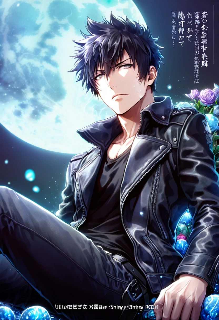 absurdres, highres, ultra detailed, HDR, masterpiece, Kougami Shinya, black hair, expressive gray eyes, Psycho Pass, solo, sexy man sitting, handsome, black leather jacket, black shirt, black pants, magical, fantasy, water, blue moon, starry, blue fireflies, blue flowers