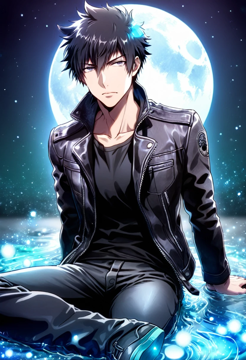 absurdres, highres, ultra detailed, HDR, masterpiece, Kougami Shinya, black hair, expressive gray eyes, Psycho Pass, solo, sexy man sitting, handsome, black leather jacket, black shirt, black pants, magical, fantasy, water, blue moon, starry, blue fireflies, blue flowers
