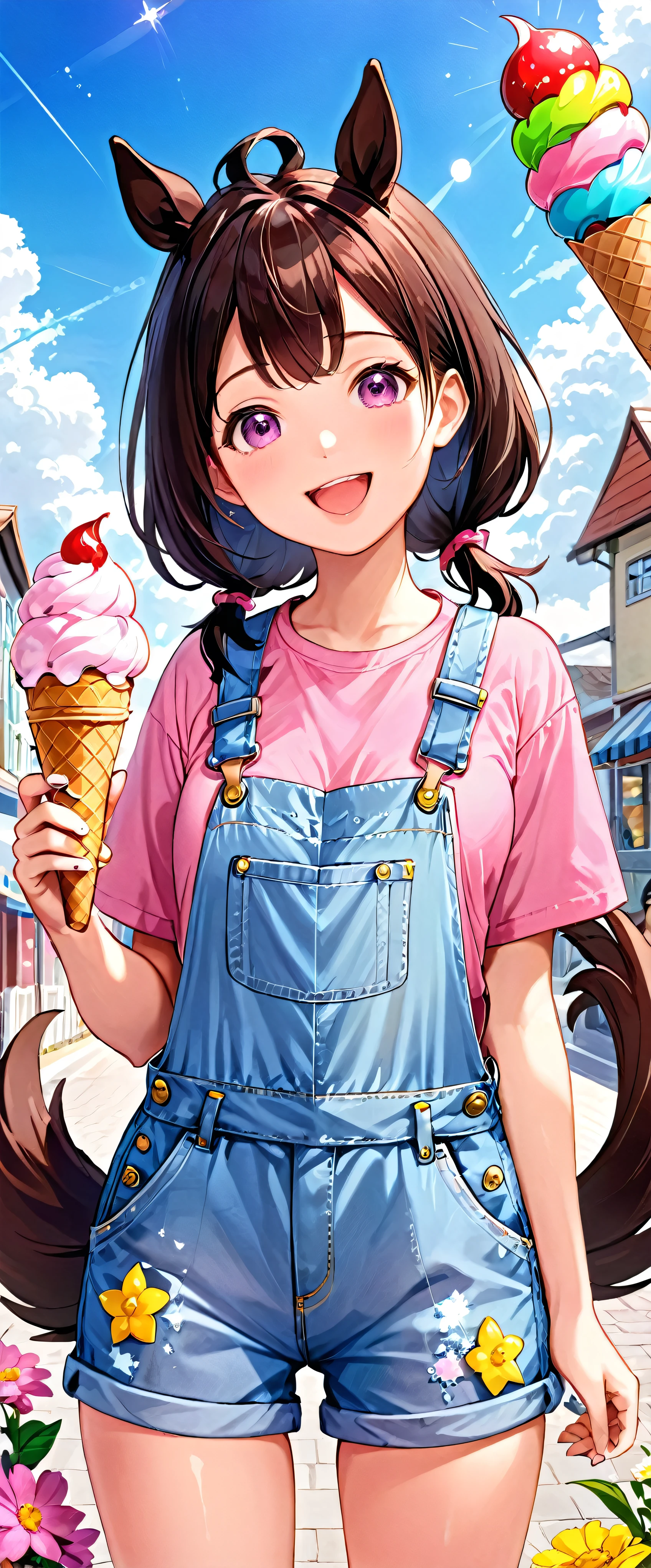 masterpiece、highest quality、1girl、solo、Haruurara、Oversized Overall Shorts、Pink Shirt、ice cream cone、Horse tail accessories(0.6)、Open-mouthed and smiling broadly、Surrounded by a cloudy background、Flower-shaped pupils sparkle。