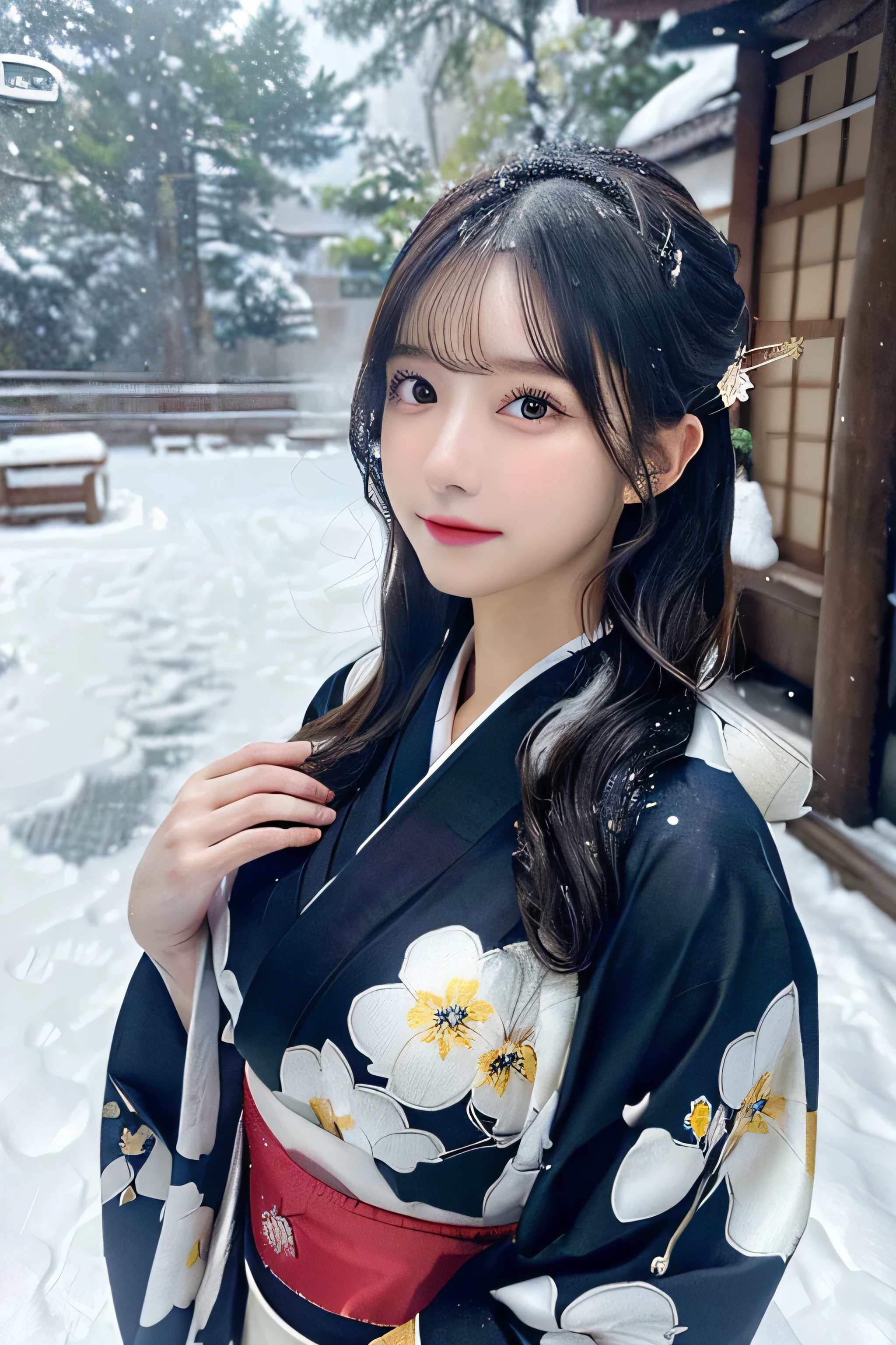 (Kawaii Kimono:1.3)、、(top-quality,masterpiece:1.3,超A high resolution,),(ultra-detailliert,Caustics),(Photorealsitic:1.4,RAW shooting,)Ultra-realistic capture,A highly detailed,high-definition16Kfor human skin、 Skin texture is natural、、The skin looks healthy with an even tone、 Use natural light and color,One Woman,japanes,,kawaii,A dark-haired,Middle hair,(depth of fields、chromatic abberation、、Wide range of lighting、Natural Shading、)、、(Falling snow:1.3)、(Hair swaying in the wind:1.3)、(Snow reflects light:1.3) 、(Large Breasts:1.3)、