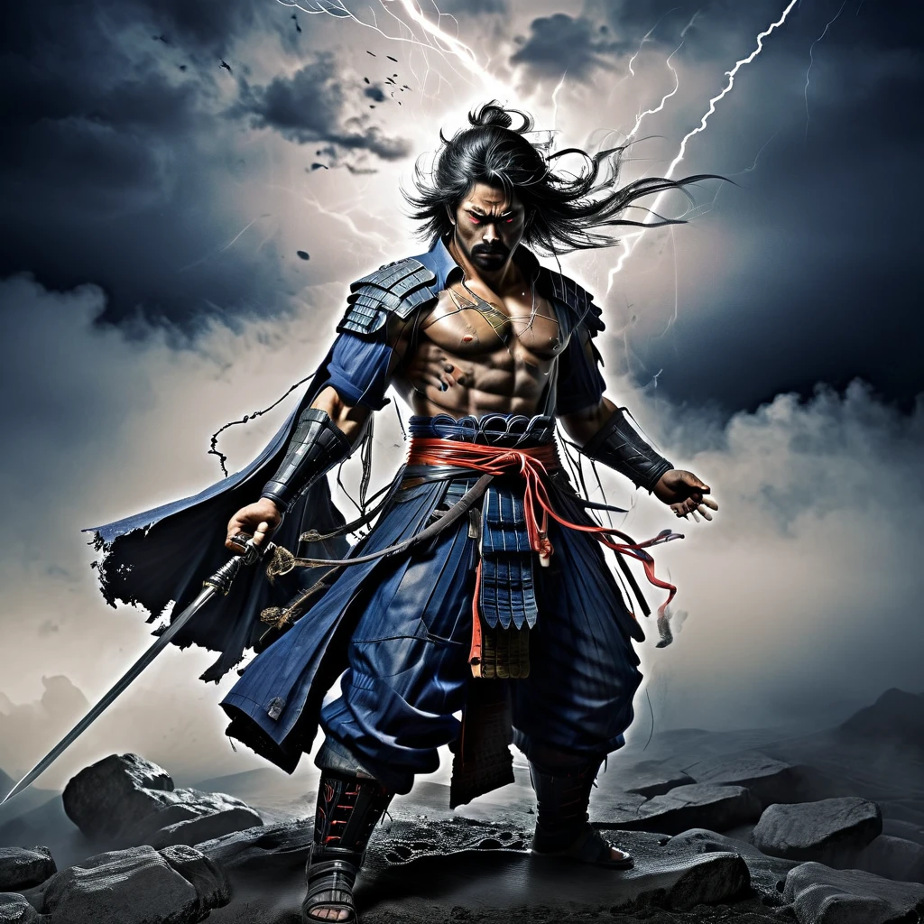 metal suited, samurai warrior, iconic samurai fight stance, dark moon, lightning and thunder, fog misty, highly detailed, 8k, photo realistic, masterpiece