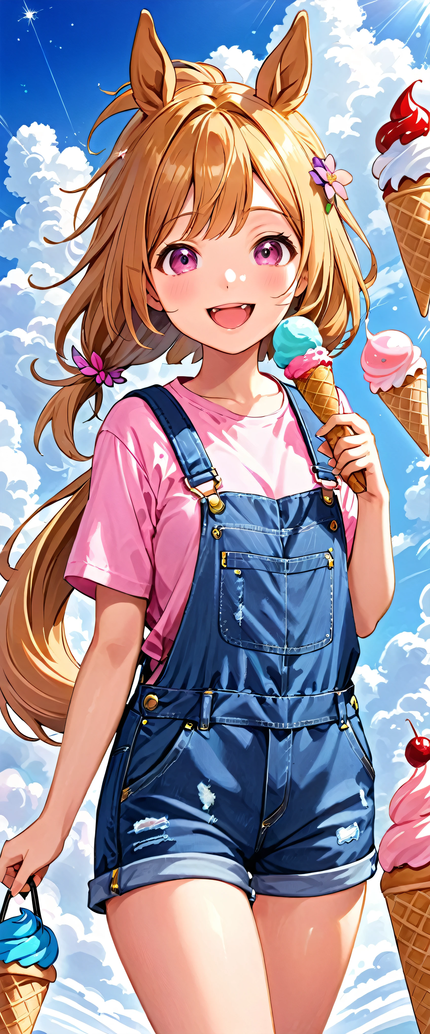 masterpiece、highest quality、1girl、solo、Haruurara、Oversized Overall Shorts、Pink Shirt、ice cream cone、Horse tail accessories(0.6)、Open-mouthed and smiling broadly、Surrounded by a cloudy background、Flower-shaped pupils sparkle。