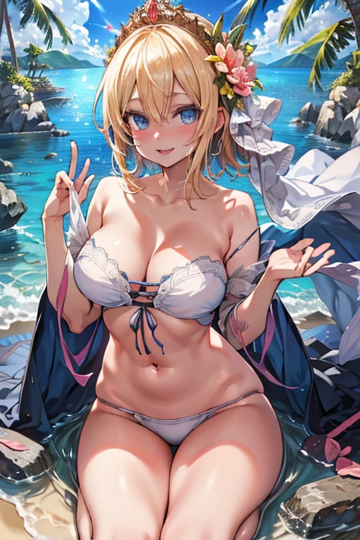 Crouching on the water, smile,Open your mouth, Put your hand on your cheek,Sticking out one's tongue mischievously,Wink,((close up head)),(from above),
((highest quality)), ((masterpiece)),(detailed),High resolution,Sharp focus,Perfect Face,{best illustration},
(非常にdetailed CG unity 8k wallpaper),(((Vibrant colors))),Official Art,granblue fantasy,
((detailedなボディ)),(detailedな顔)), cute,Lewd,erotic,Bold,
very shiny 肌,Shiny body,plastic glitter 肌,exaggerated shiny 肌,illuminated skin,
Big Breasts,glamorous,Tight waist,Long legs,curve,Cleavage,erotic,Bold,Revealing clothing,show 肌,
(Realistic eyes, Natural skin texture, Realistic facial details),Europa,(Blonde),Blue Eyes,Beauty,
Tiara with flowers and veil,
(Flying debris, 超High resolution),(((Light blue and white theme))),Wear an iridescent aura,
Invisible Light, Amazing shine, neon blue glow, The colors of another world,
Bright colors, Ghostly Effects,Surreal Landscape,
White bikini swimsuit with long blue ribbon,Wearing a pink shawl,Gold Jewelry,
Cumulonimbus,Surrounded by water, reflection,Breathtakingly beautiful clouds,Light,Dazzling Light,Cinematic Light.Marine blue sea,White sand beach,Coconut Tree,
