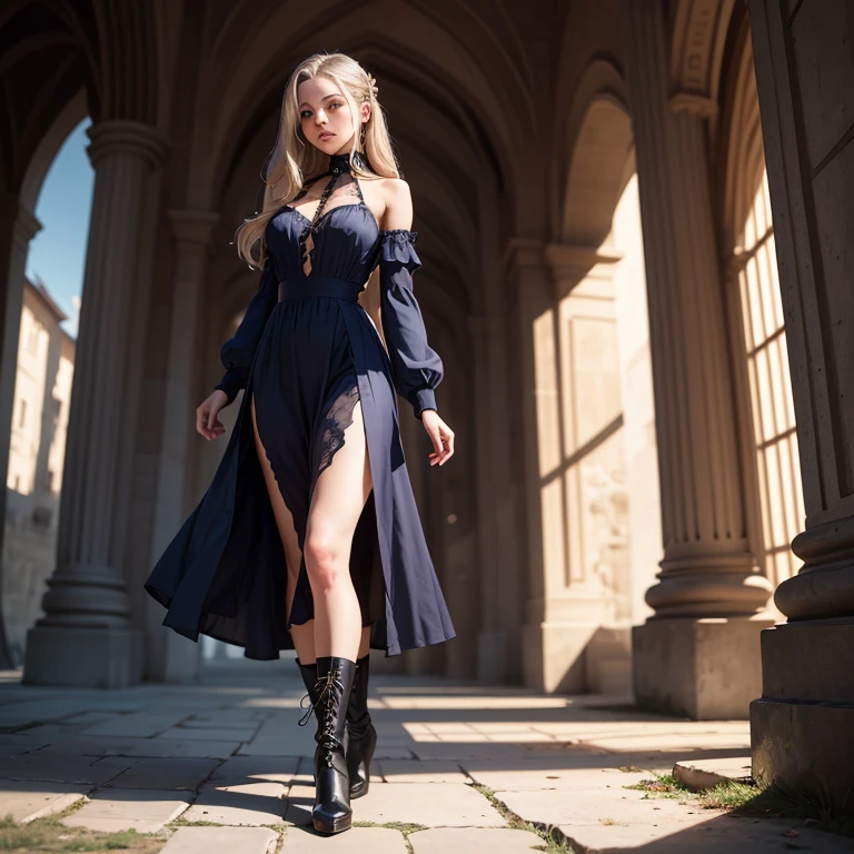 Imagine a 19 year old goth girl, Her skin is fair, almost pale; His eyes are blue in color, but it is a very striking dark navy blue, a boca dela deve ser delineada e com um tom vermelho sedutor, ela deve ter longos cabelos negros lisos, duas mechas desse cabelo devem cair sobre o rosto da garota, The girl is wearing a long medieval dress with long sleeves, A is wearing a pair of high boots, mostre ela de corpo inteiro, do it with high quality, 4K resolution