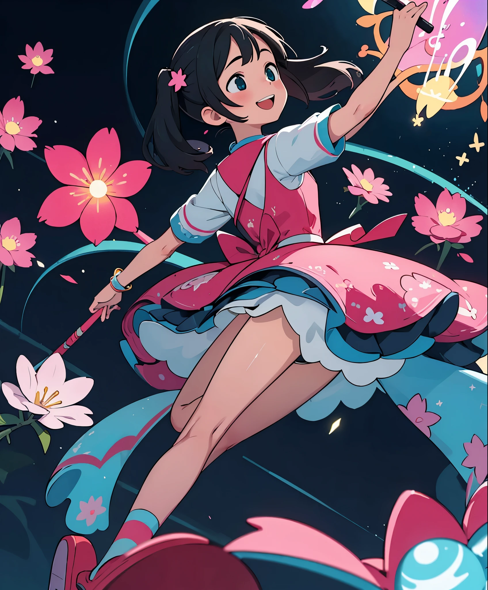 (masterpiece、highest quality、highest quality、official art、beautiful beautiful:1.2)、(1 girl:1.3)Hatsune Miku、twin tails,big breasts,very detailed,(fractal art:1.1),(colorful:1.1)(flowers:1.3)、 (dynamic pose), (abstract background:1.3)、(lots of colors:1.4)、Place one small doll on the circular stand、cute pose、laughter、black haired、Chibi Doll、stars in the eyes(about)、While singing with a microphone in hand、eye up、smile、Cute red shoes、Super detailed, shining light、bioluminescence、Stronger bokeh effect、shot from the side