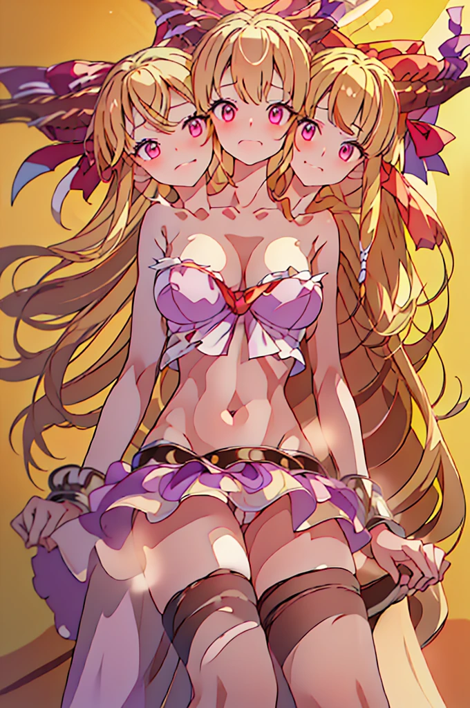(masterpiece, best quality), best quality, (ultra-detailed), (3heads:1.5), 1girl, (suika ibuki:1.3), masterpiece, (best quality:1.5, highres, UHD), highres, absurdo, ultra detail, ultra quality, Ultra resolution, tattered pale pink top, crop top, ((stomach)), midriff, ((groin)), purple and pink skirt, normal ears, shackles, blonde hair, very long hair, wavy hair, sidelocks, red eyes, detailed eyes, parted lips, sweat, cute, toned belly, hand on own chest, eyelashes, (25 year old woman:1.3), (masterpiece:1.5), (best quality:1.5), (beautiful detailed), extremely detailed CG, extremely delicate and beautiful, depth of field, (finely detailed face), (perfect details:1.2), (mature female:1.3), wide pelvis, slender, large veiny breast, 16k resolution, very high quality, very high definition, extremely detailed, masterpiece, blonde hair, long hair, alluring presence, braid, short skirt, close up, very big tits, huge tits, young, two long straight oni horns on her head, decorated with ribbons, open belly, nsfw, midriff, girl with three heads, three headed girl,