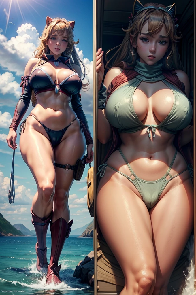 Anime girl in bikini posing in front of the boat, thick, Enchanting anime girl, ,Godzilla、 On the boat, have large breasts, On a yacht at sea, have large breasts, tits, Big Breasts!, Big Breasts!!, Kantai Collection Style, 彼女はtits, [ 4k digital art ]!!, Realistic Bikini、Camel Toe、Giant tit、Nipple Puffs、Cleavage、Plump、Super big breasts、Super big butt、Bubble butt