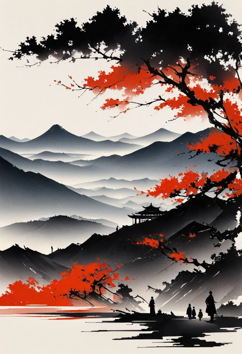 (大量留white:1.5)，white, white色背景, simple, Minimalism, abstract,Freehand，Aesthetic，黑与white，Ink Painting，antiquity，Mountain，People in the distance