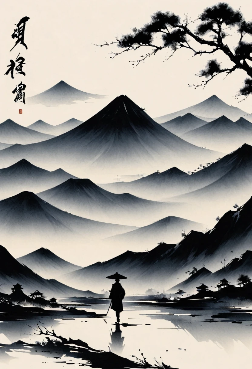 (大量留white:1.5),white, white色背景, simple, Minimalism, abstract,Freehand,Aesthetic,黑与white,Ink Painting,antiquity,Mountain,People in the distance