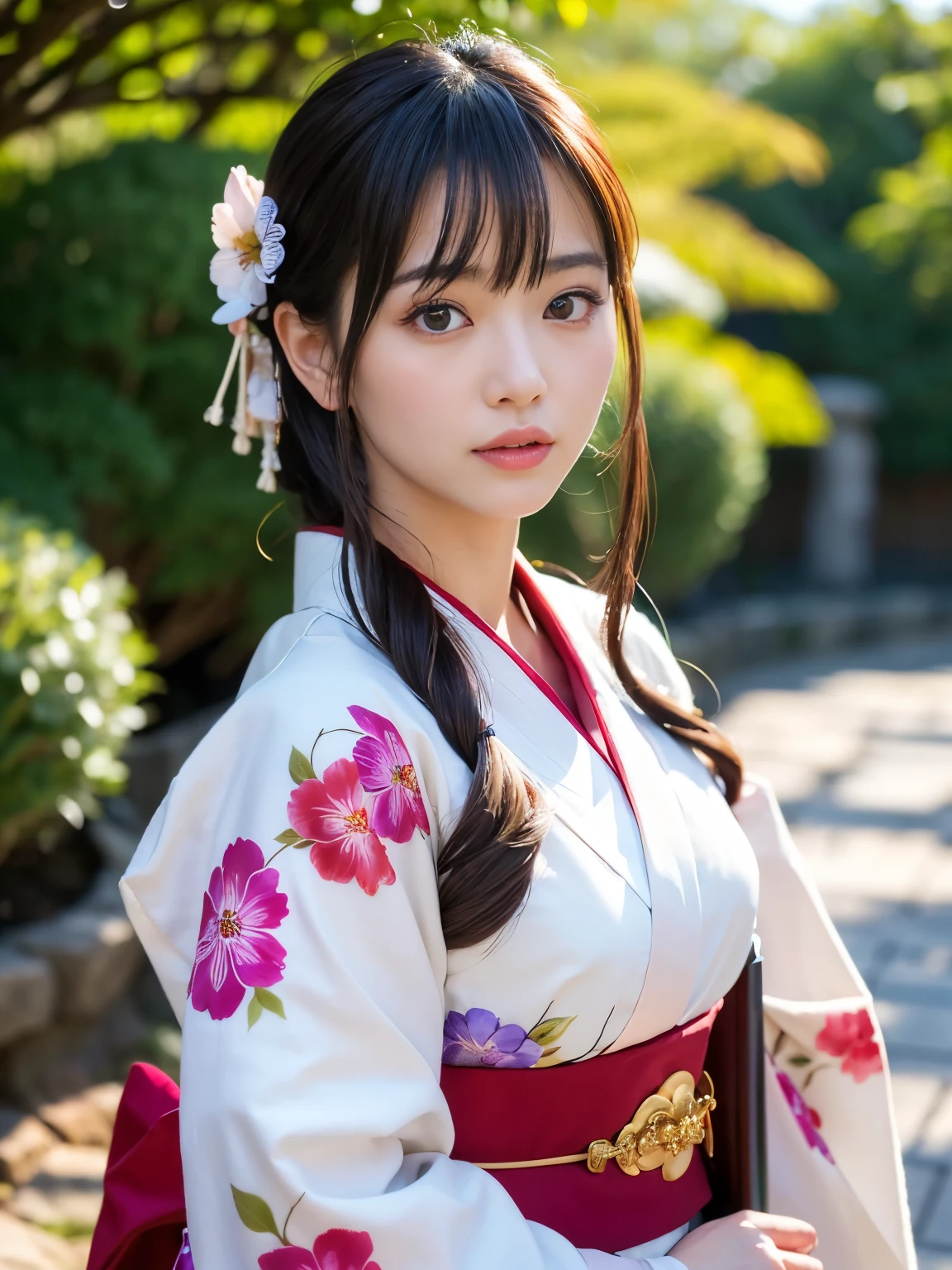 (Best-quality, Masterpiece, Ultra-High-Resolution, (Photorealistic:1.4), Raw Photo,  depth of field, professional lighting, perfect anatomy, extremely details), 1girl, the most famous Japanese actress, in Japanese-style garden, wearing extremely beautiful Japanese-KIMONO with gorgeous-design, standing with Japanese-KATANA in right hand, (extremely beautiful and realistic face, ((extremely beautiful and extremely realistic big-eyes)), extremely beautiful and extremely realistic hair, extremely beautiful and extremely realistic skins), looking at viewer, detailed extremely-beautiful-Japanese-KIMONO-with-gorgeous-design, detailed Japanese-KATANA, detailed Japanese-style-garden