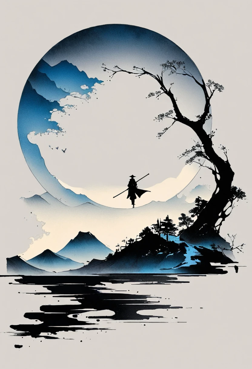 (大量留white:1.5)，white, white色背景, simple, Minimalism, abstract,Freehand，Aesthetic，黑与white，Ink Painting，antiquity，Mountain，People in the distance