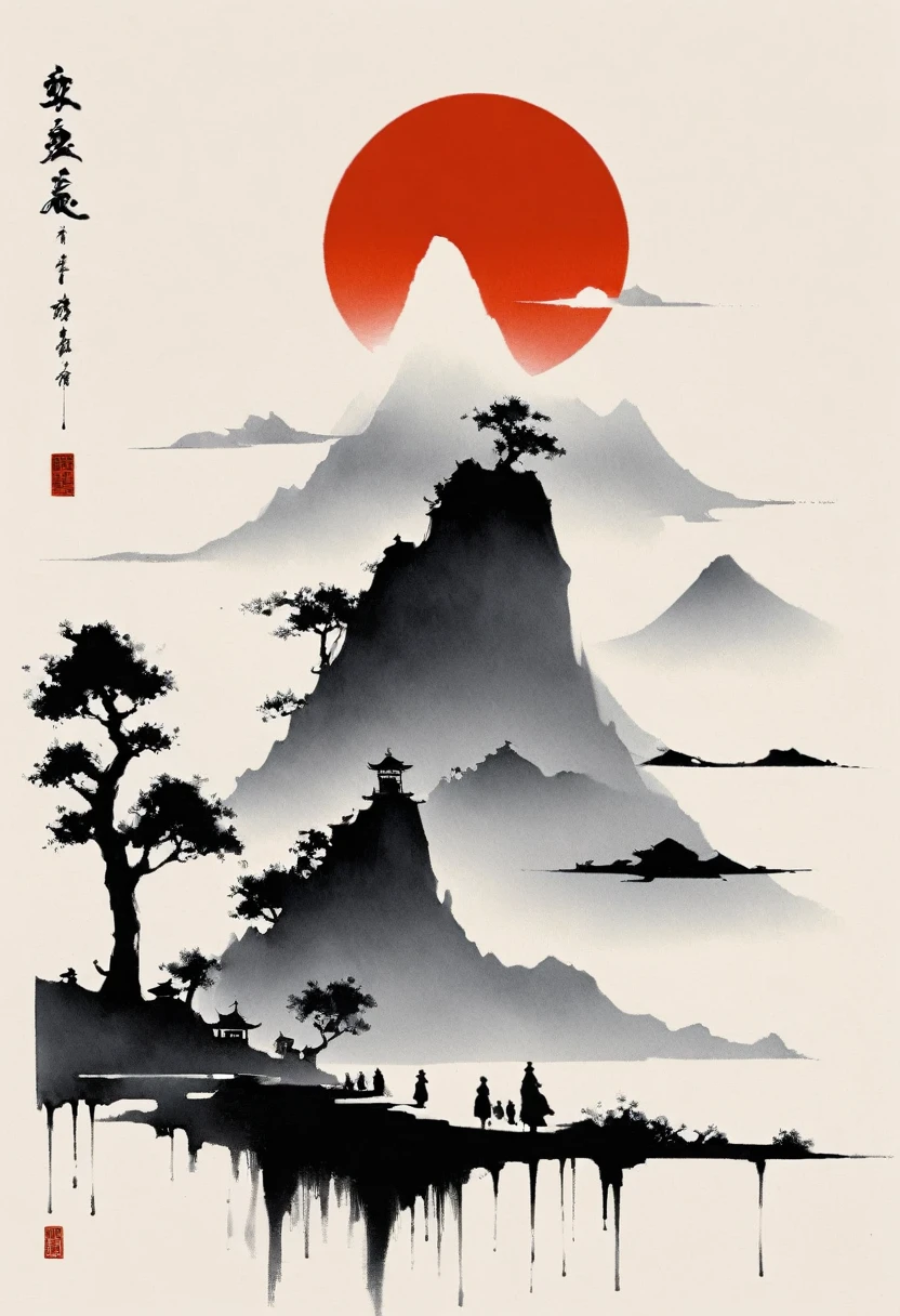 (大量留white:1.5),white, white色背景, simple, Minimalism, abstract,Freehand,Aesthetic,黑与white,Ink Painting,antiquity,Mountain,People in the distance