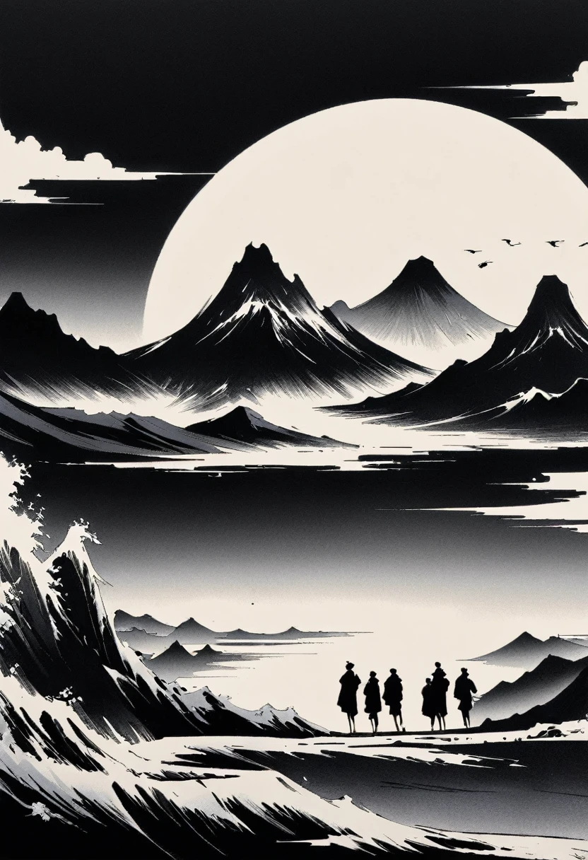 (大量留white:1.5)，white, white色背景, simple, Minimalism, abstract,Freehand，Aesthetic，黑与white，Ink Painting，antiquity，Mountain，People in the distance