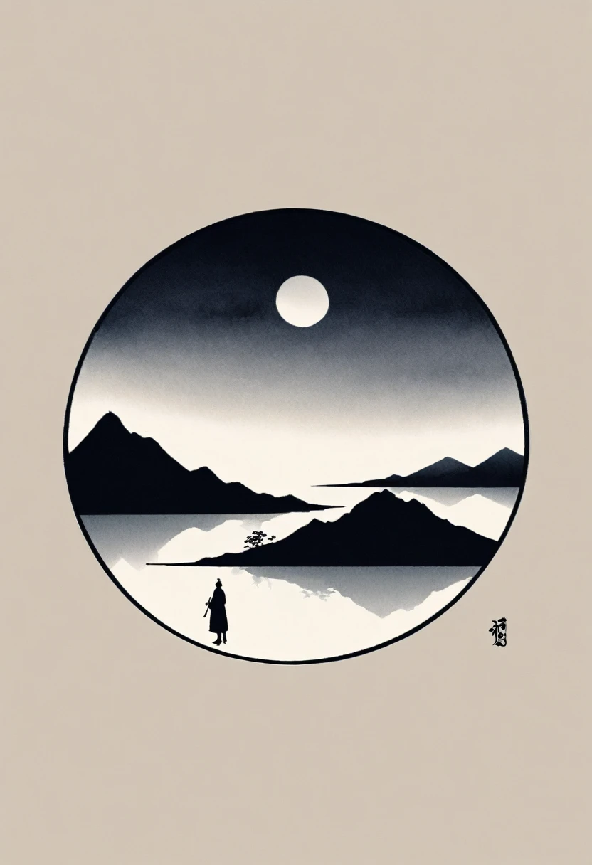 (大量留white:1.5),white, white色背景, simple, Minimalism, abstract,Freehand,Aesthetic,黑与white,Ink Painting,antiquity,Mountain,People in the distance
