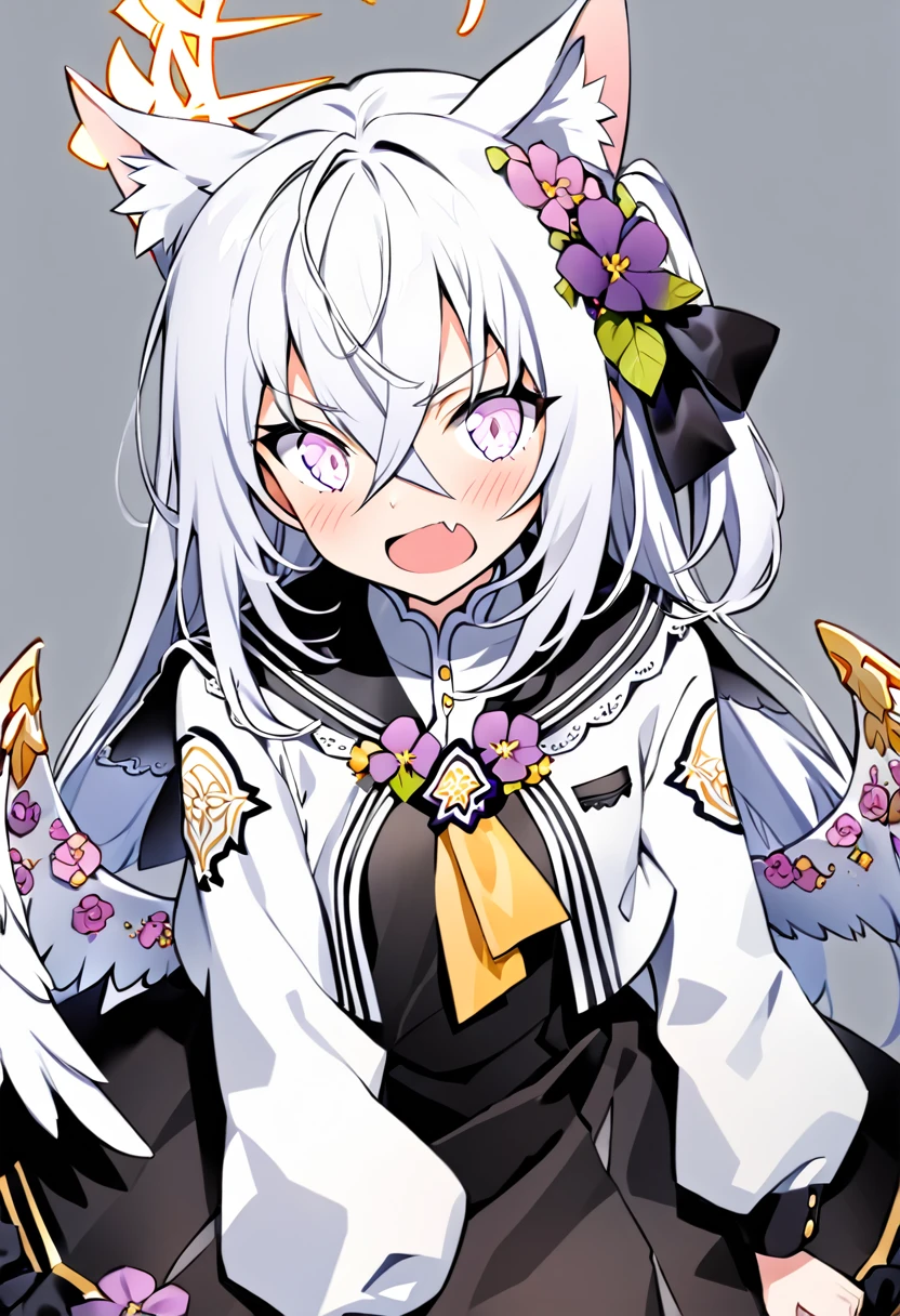 azusa \(blue archive\),1girl angel_wings animal_ear_fluff animal_ears black_dress black_sailor_collar blush cat_ears dress fang feathered_wings hair_between_eyes halo jacket long_hair long_sleeves looking_at_viewer open_mouth pink_eyes puffy_long_sleeves puffy_sleeves sailor_collar simple_background skin_fang solo white_background white_hair white_jacket white_wings wings yellow_halo