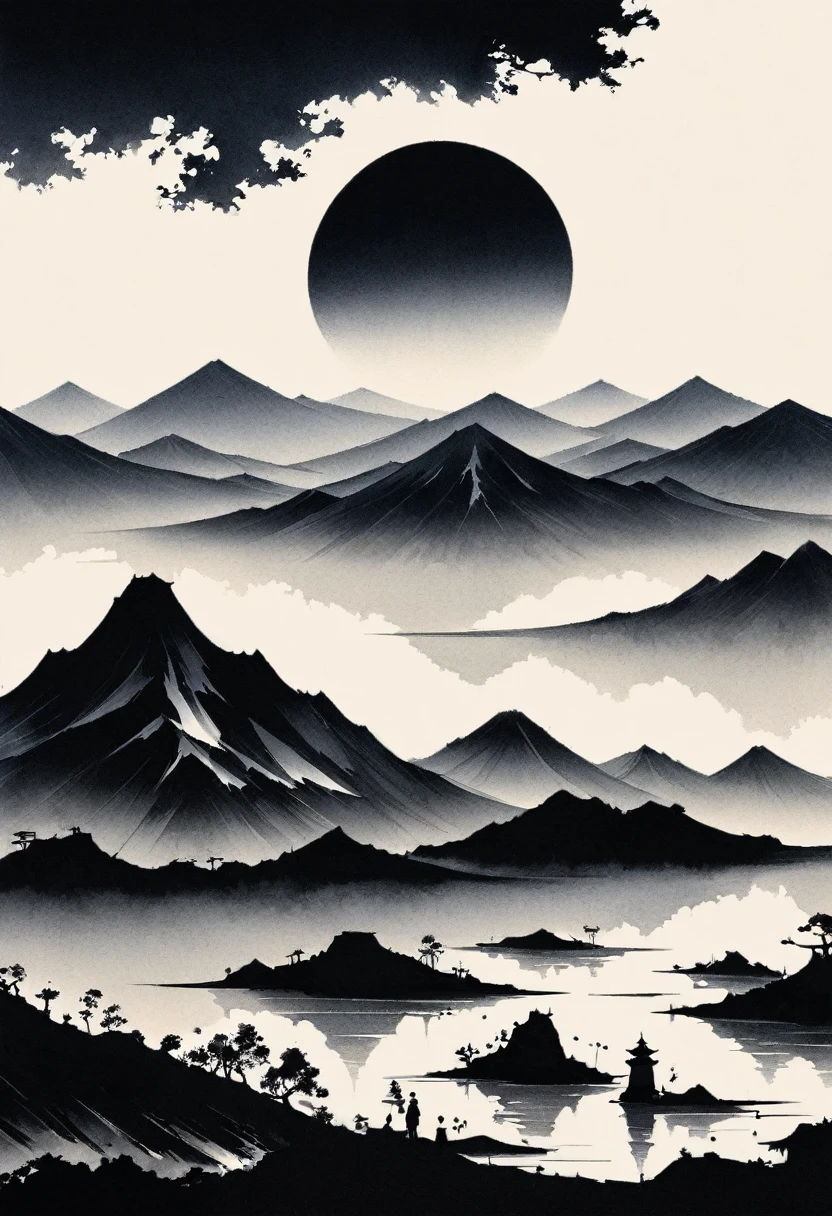 (大量留white:1.5),white, white色背景, simple, Minimalism, abstract,Freehand,Aesthetic,黑与white,Ink Painting,antiquity,Mountain,People in the distance