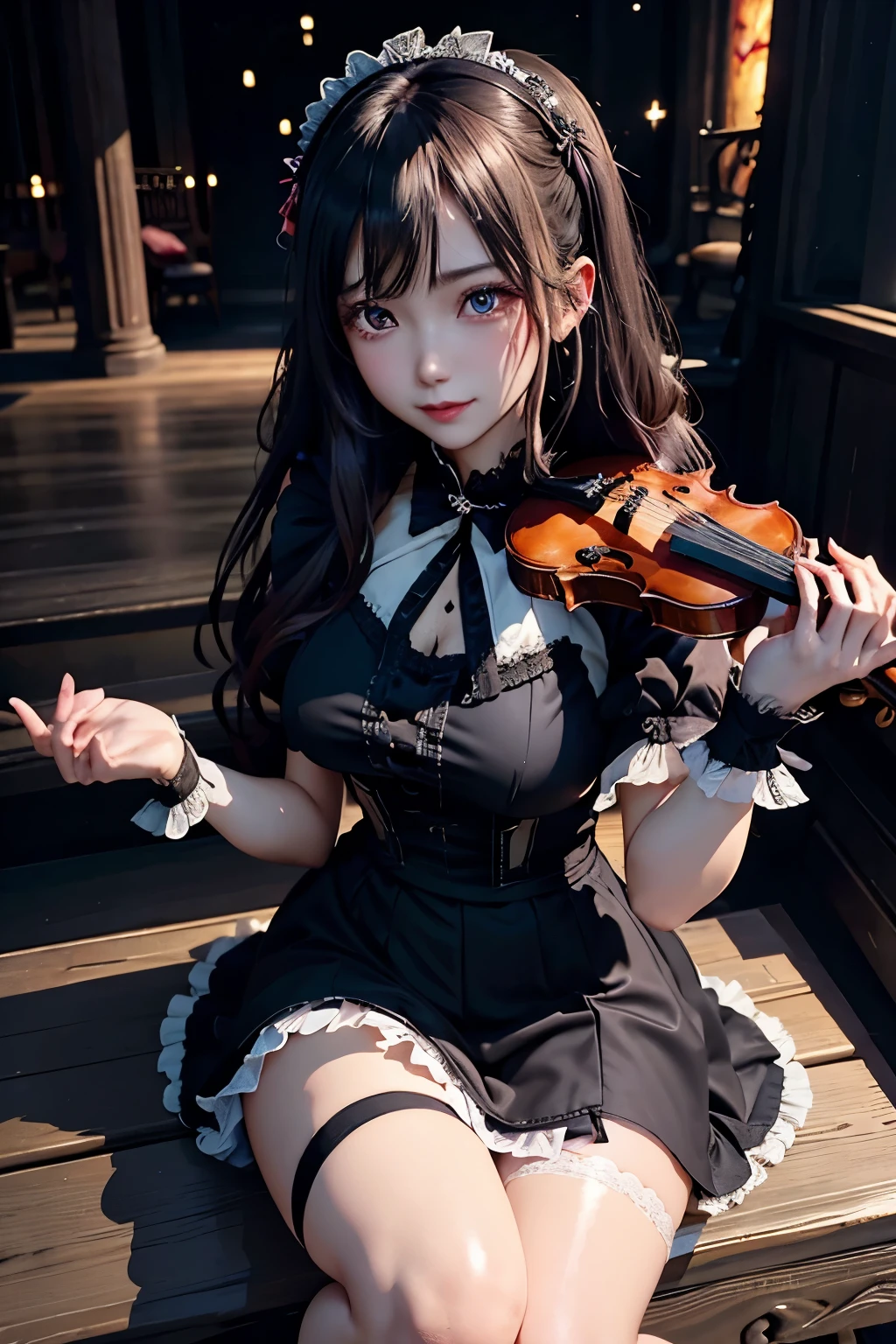 ハードDark Gothicメイク、Deep Night Sky、Horror、Black dark eyeshadow、sad、Good skin radiance、Dark Gothicメイク、Dark smile、palace、24-years-old、Embarrassed look、Dark Gothic、Obscene language、highest quality、Drunk face、紫のMaid clothes、Mysterious、Noble、sexy、Loving smile、Right blue eye, Left eye is red、Platform Heel Shoes、Heavy makeup、Gothic Lolita Clothing、Silver Hair、Long Hair Straight Hair、Cute Gothic Lolita Dress、Beautiful Face、elegant features、Fascinating face、Stained glassが背景、Chest glistening with sweat、The room is dark、gothic long dress、Bell Sleeves、Wizard Sleeve、Decadent look、Sexually excited expression、Glossy thighs wet with water、Thighs that are wet and shiny with oil、Background of a room full of roses、The embroidery is pink、The dress has pink embroidery、Thigh-high socks、Knee-high socks、Gentle expression、Dark black eyeshadow、Stained glassと薔薇背景、Female Duo、Female couple、dark church background、Stained glass、Black metal world、Dark Castle、Slender body、gothic long dress、Maid clothes、Victorian dresses、Her thighs glisten with sweat、My body is wet and shiny、Lots of glitter on the thighs、My thighs are sticky from sweating、Sweat glistens on the thighs, The whole body is sweaty and shiny、Quite sweaty、My thighs are sweaty、My thighs are so wet、My thighs are shining with sweat、A lot of sweat glistens all over the body、Small breasts、Orchestra StageStage、Dynamic Angle、sitting on a gothic chair、Play the violin gracefully、With a violin、Press the violin strings、violinist、orchestra performance、Thin thighs、slender、Violin body and strings、Sit on a chair、pantyhose、Hime cut straight hair、