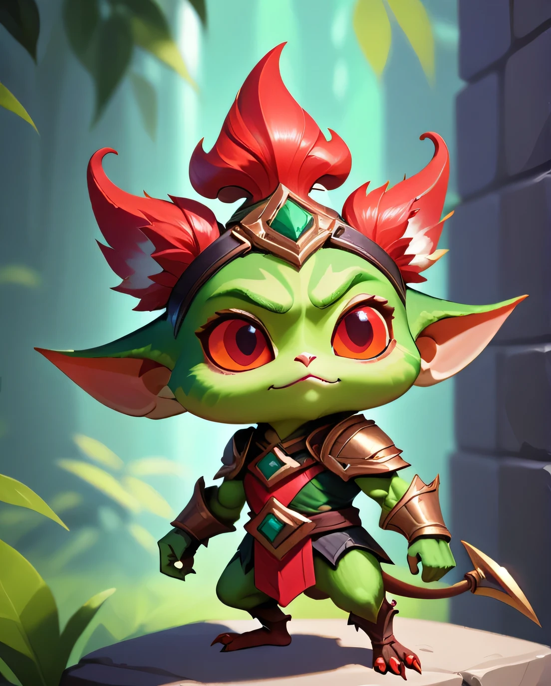 score_9, score_8_up, score_7_up, score_6_up, score_5_up, score_4_up, red yordle male a dubious little creature getting up to mischief,cute,pretty,4yordles,slender,thin,armor outfit,green body,