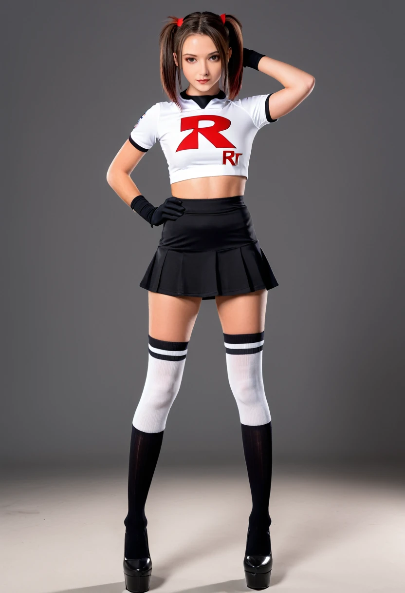 (15 Year Old 1.5), European teen, brunette teen, teen cute face, white skin, girl beautiful face, beautiful baby girl, medium Breasts, Long Legs, fitness body, (wearing team rocket,team rocket uniform,white skirt,red letter R,crop top,black thigh-highs,black elbow gloves 1.5), naked torso, (black Tiny mini Skirt 1.5), (show legs and thighs), black platform straps high heels, white knee high socks, Slim sexy long legs, modeling, medium Angle Shot, Full Body lust, sexy Slim body, (sexy aluring stance, (spread legs towards viewer 1.5), ass and thighs showing, New York, United States, ray tracing, HDR