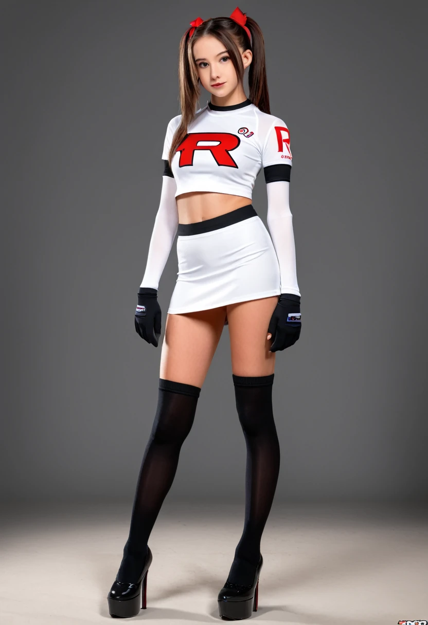 (15 Year Old 1.5), European teen, brunette teen, teen cute face, white skin, girl beautiful face, beautiful baby girl, medium Breasts, Long Legs, fitness body, (wearing team rocket,team rocket uniform,white skirt,red letter R,crop top,black thigh-highs,black elbow gloves 1.5), naked torso, (black Tiny mini Skirt 1.5), (show legs and thighs), black platform straps high heels, white knee high socks, Slim sexy long legs, modeling, medium Angle Shot, Full Body lust, sexy Slim body, (sexy aluring stance, (spread legs towards viewer 1.5), ass and thighs showing, New York, United States, ray tracing, HDR