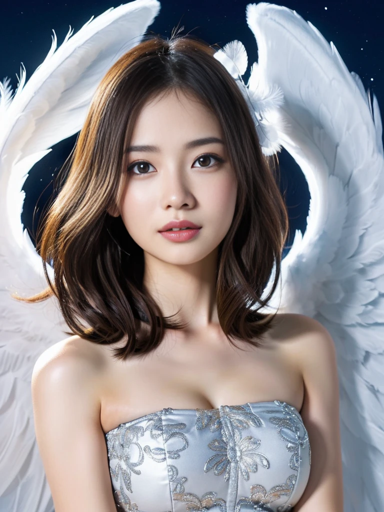 (A Ultra cute young Japanese Angel:1.75), (She has real Angel wings:1.75),(she wearing a decorated with feathers holy angel costume slim fit:1.75),(She is an angel floating in the air on the lake:1.5),(beautiful detailed eyes:2.0),beautiful detailed lips, (extremely detailed cute face:2.0), longeyelashes, (slender woman body:1.75), (beautiful short hair:1.5), (natural makeup:1.2),big smile, incredibly beautiful skin,(professional lighting, bright lighting, photorealistic, 8k, high resolution, best quality, masterpiece, ultra-detailed:1.75), vivid colors, (moonlit night:1.5)