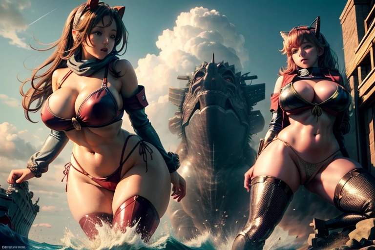 Anime girl in bikini posing in front of the boat, thick, Enchanting anime girl, ,Godzilla、Giant、 On the boat, have large breasts, Yachts at sea、Warships at sea、, have large breasts, tits, Big Breasts!, Big Breasts!!, Kantai Collection Style, 彼女はtits, [ 4k digital art ]!!, Realistic Bikini、Camel Toe、Giant tit、Nipple Puffs、Cleavage、Plump、Super big breasts、Super big butt、Bubble butt