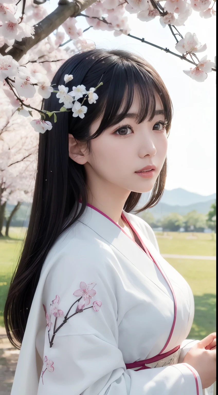 (logo、masterpiece、8k、Tabletop、RAW Photos、wonderful、最high quality、Realistic、Very detailed CG 統合 8k 壁紙、high quality、Very detailed、Narrative poem、Particle Effects、Dynamic Effects、Written boundary depth、Cinematic Light、Lens flare、Ray Tracing)、Fantasy、 (1 Beauty、White kimono、Japanese Clothing、White cherry blossom pattern、White cherry blossom embroidery pattern、Black-haired、Beautiful Face、True Face、Beautiful details in the eyes、Beautiful Skin)、Hair flutters in Wind、Hair bounces、Pink cherry blossom tree、Petals flutter、SakuraFubuki、wonderful景色、Morning Glow、Sun in the background、Wind、god々、teeth、god話、Vast land、