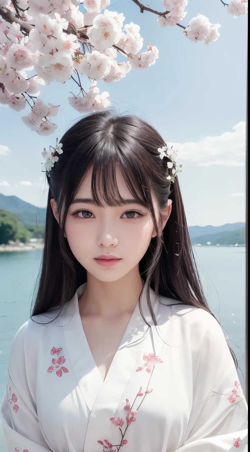 (logo、masterpiece、8k、Tabletop、RAW Photos、wonderful、最high quality、Realistic、Very detailed CG 統合 8k 壁紙、high quality、Very detailed、Narrative poem、Particle Effects、Dynamic Effects、Written boundary depth、Cinematic Light、Lens flare、Ray Tracing)、Fantasy、 (1 Beauty、White kimono、Japanese Clothing、White cherry blossom pattern、White cherry blossom embroidery pattern、Black-haired、Beautiful Face、True Face、Beautiful details in the eyes、Beautiful Skin)、Hair flutters in Wind、Hair bounces、Pink cherry blossom tree、Petals flutter、SakuraFubuki、wonderful景色、Morning Glow、Sun in the background、Wind、god々、teeth、god話、Vast land、