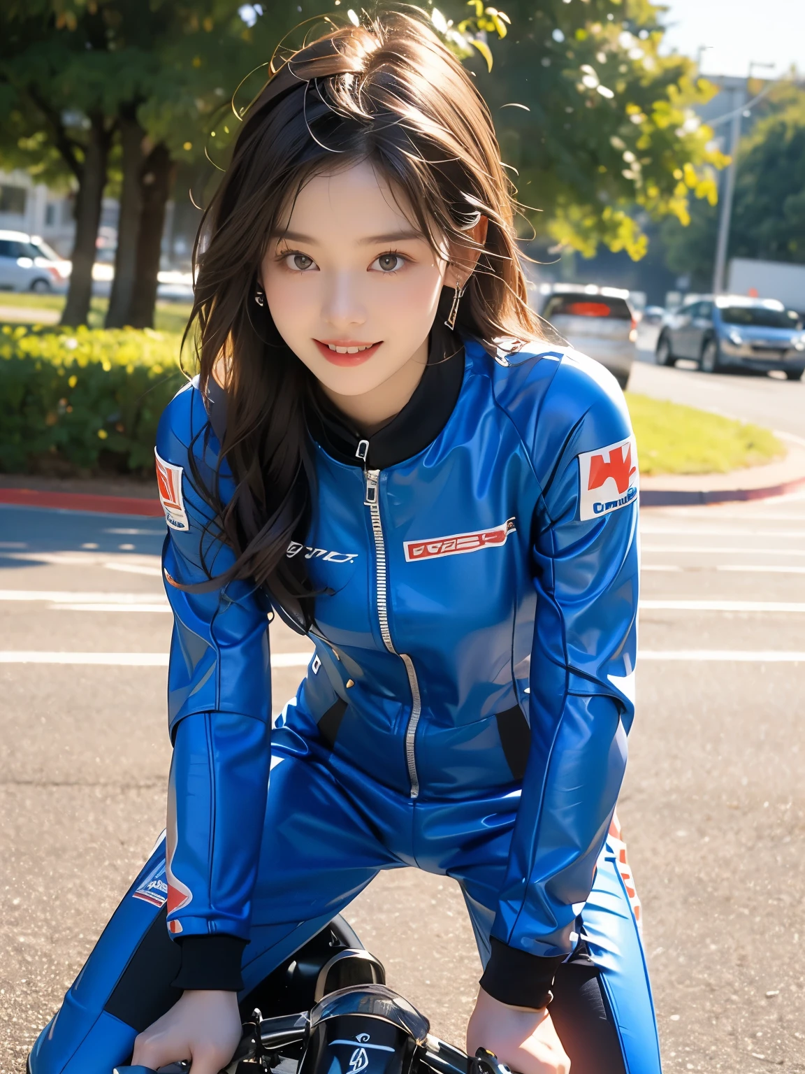 Riding a motorcycle、smile、Blue long sleeve racing leather suit