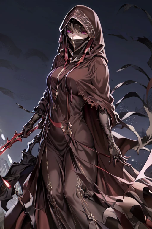 No name assassin, red eyes, cloak, robe, white gloves, dagger, black hair, long skirt, mask, hood, cape, looking at viewer,outdoors, (masterpiece:1.2), best quality, high resolution, unity 8k wallpaper, (illustration:0.8), (beautiful detailed eyes:1.6)