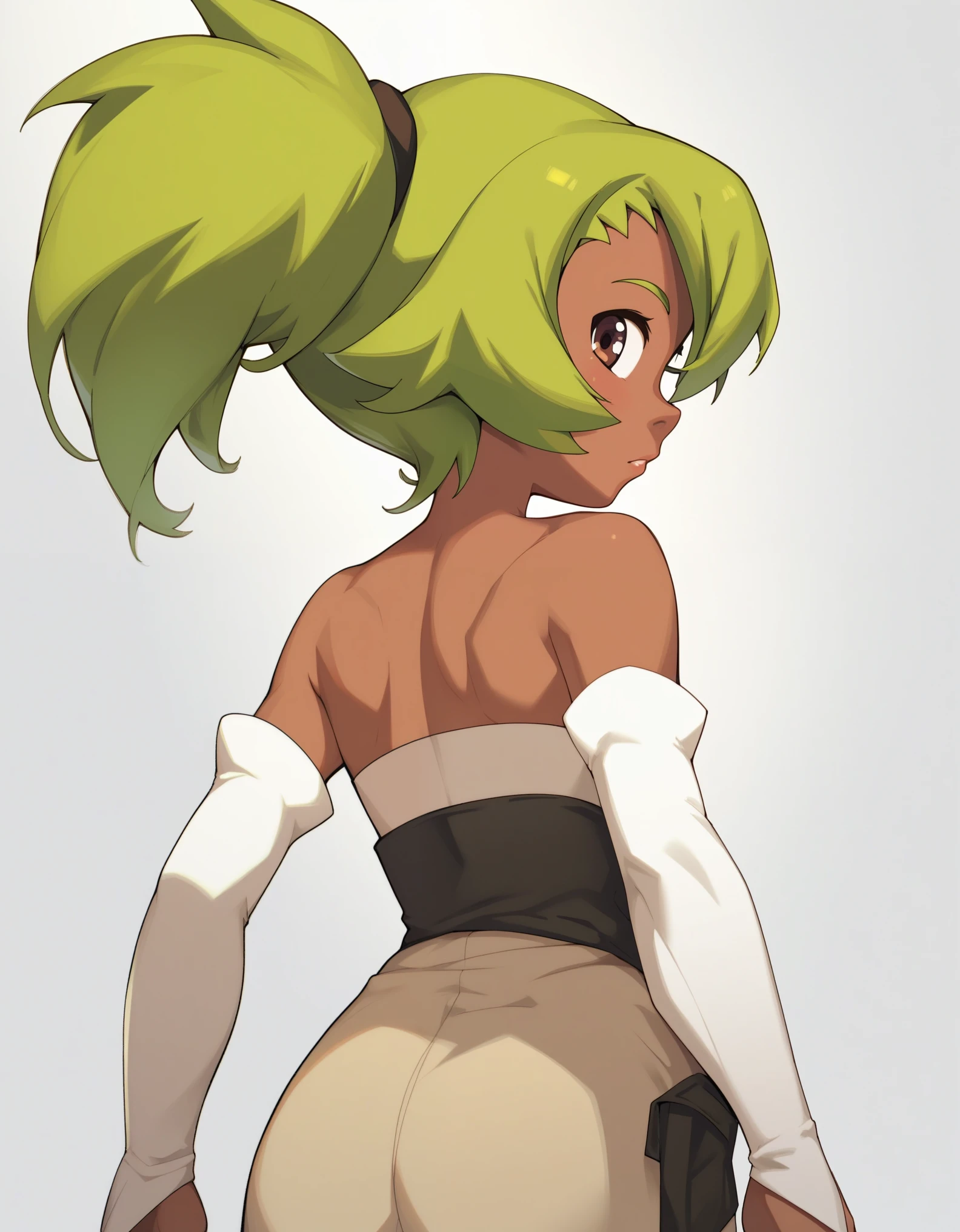 Score_9, score_8_up, score_7_up,  Amalia, 1girl, solo, brown eyes, dark skin, green hair, ponytail, bare shoulders, detached sleeves, pants, from behind, looking back,