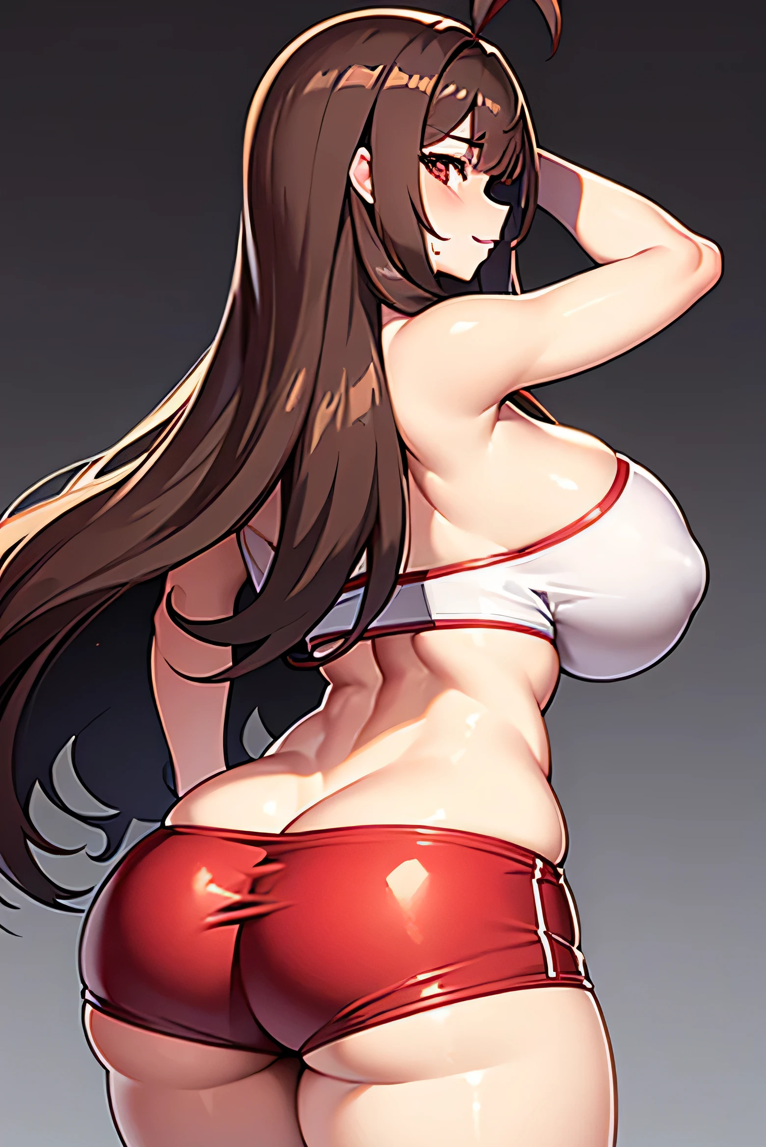 long hair, red shorts, white bandeau, huge breasts, brown hair, brown eyes, aged up, huge ass, wide hips,