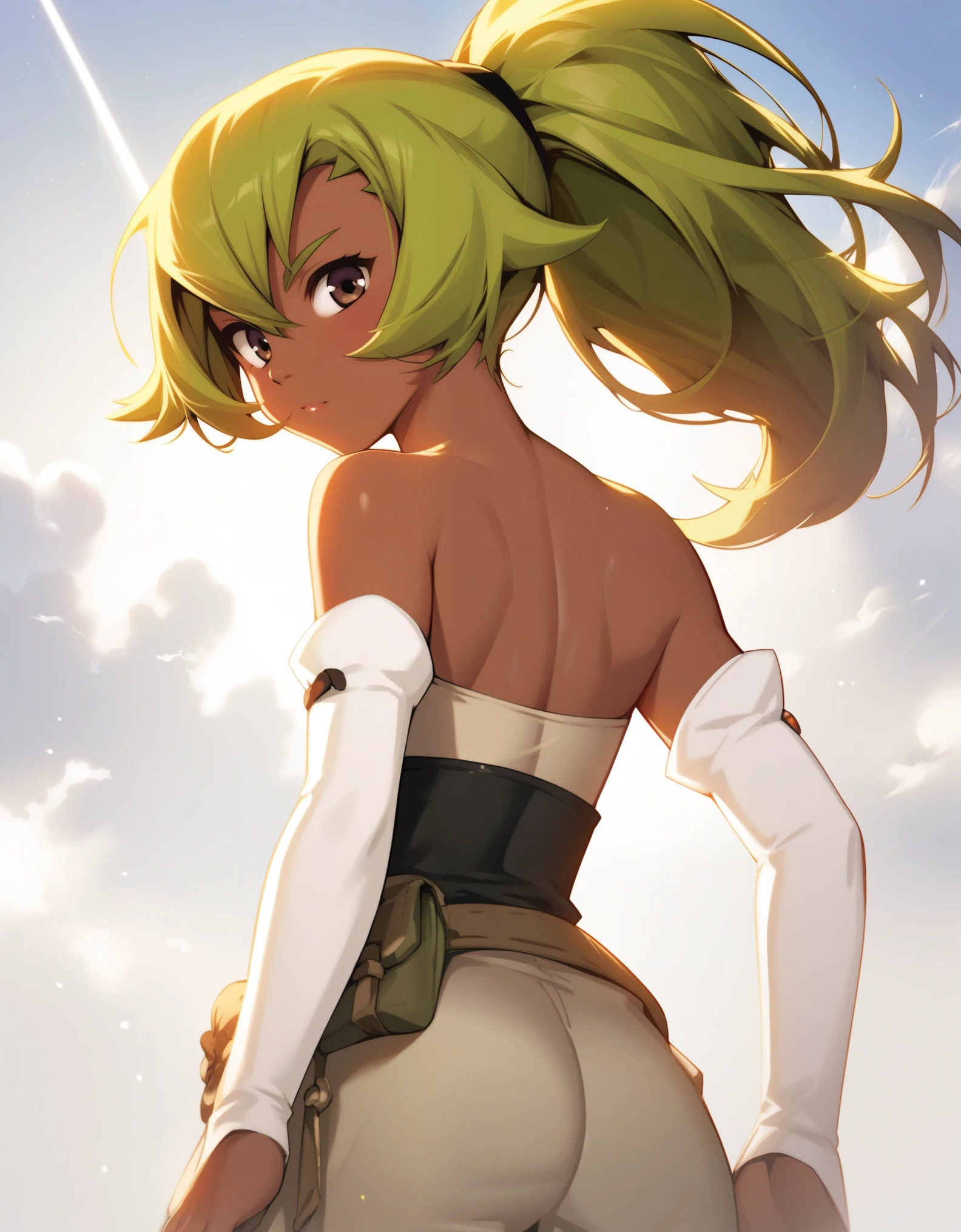 Score_9, score_8_up, score_7_up,  Amalia, 1girl, solo, brown eyes, dark skin, green hair, ponytail, bare shoulders, detached sleeves, pants, from behind, looking back,