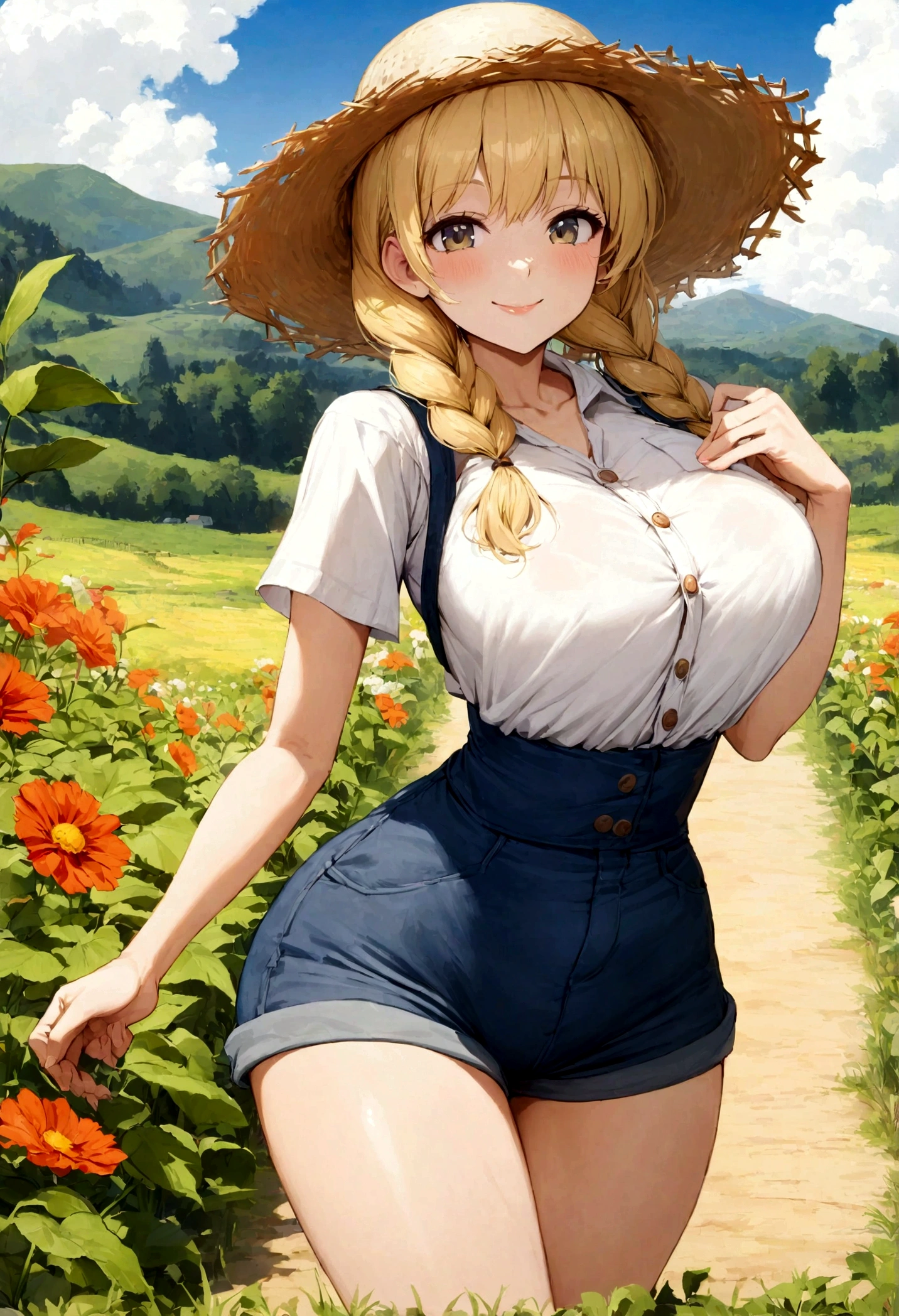 woman, sexy, large breast,farmer clothes, straw hat, cotton shirt, short jeans, double braid hair, blonde hair, smiling, exposed waist, white top, slender,