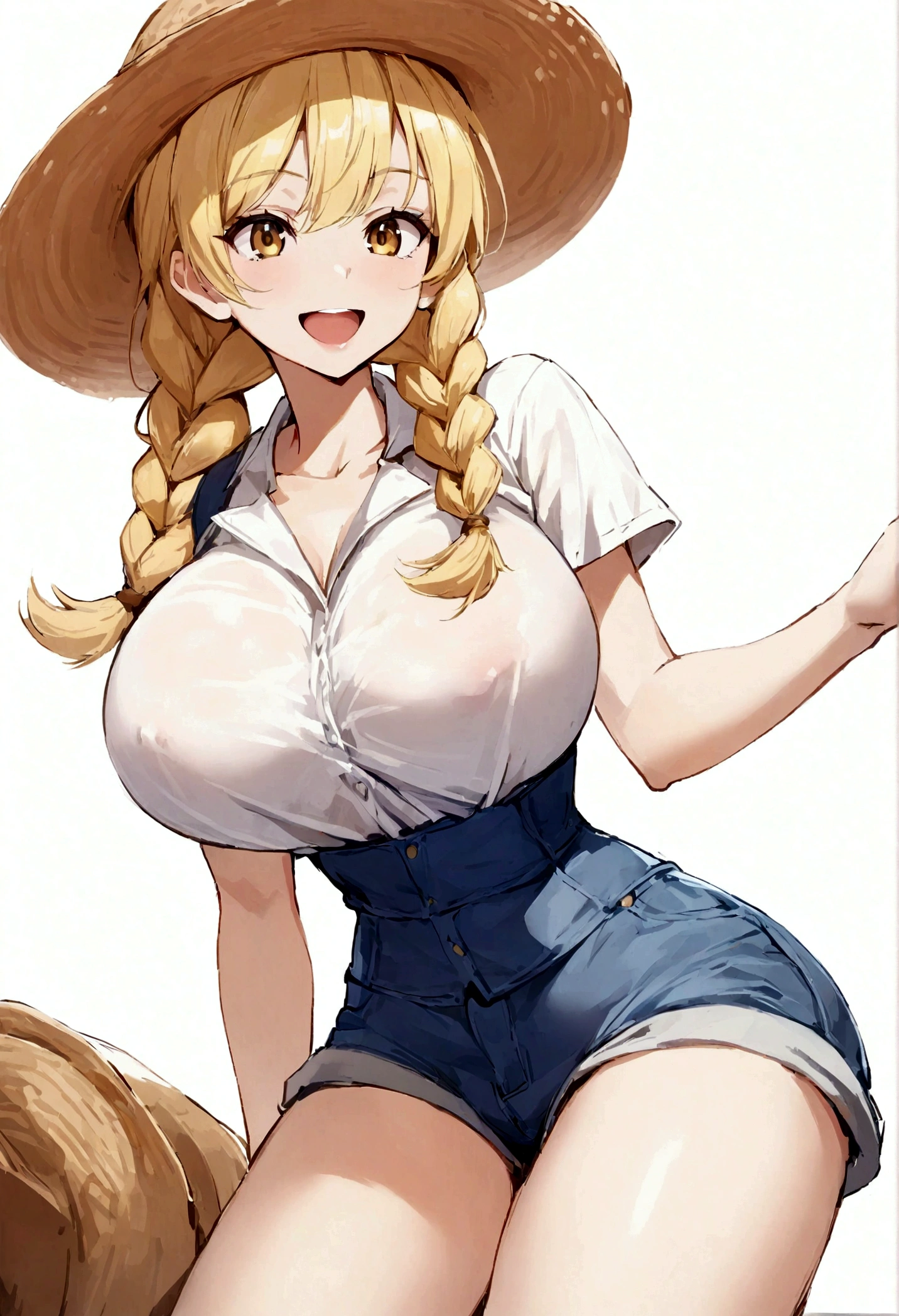 woman, sexy, large breast,farmer clothes, straw hat, cotton shirt, short jeans, double braid hair, blonde hair, smiling, exposed waist, white top, slender,