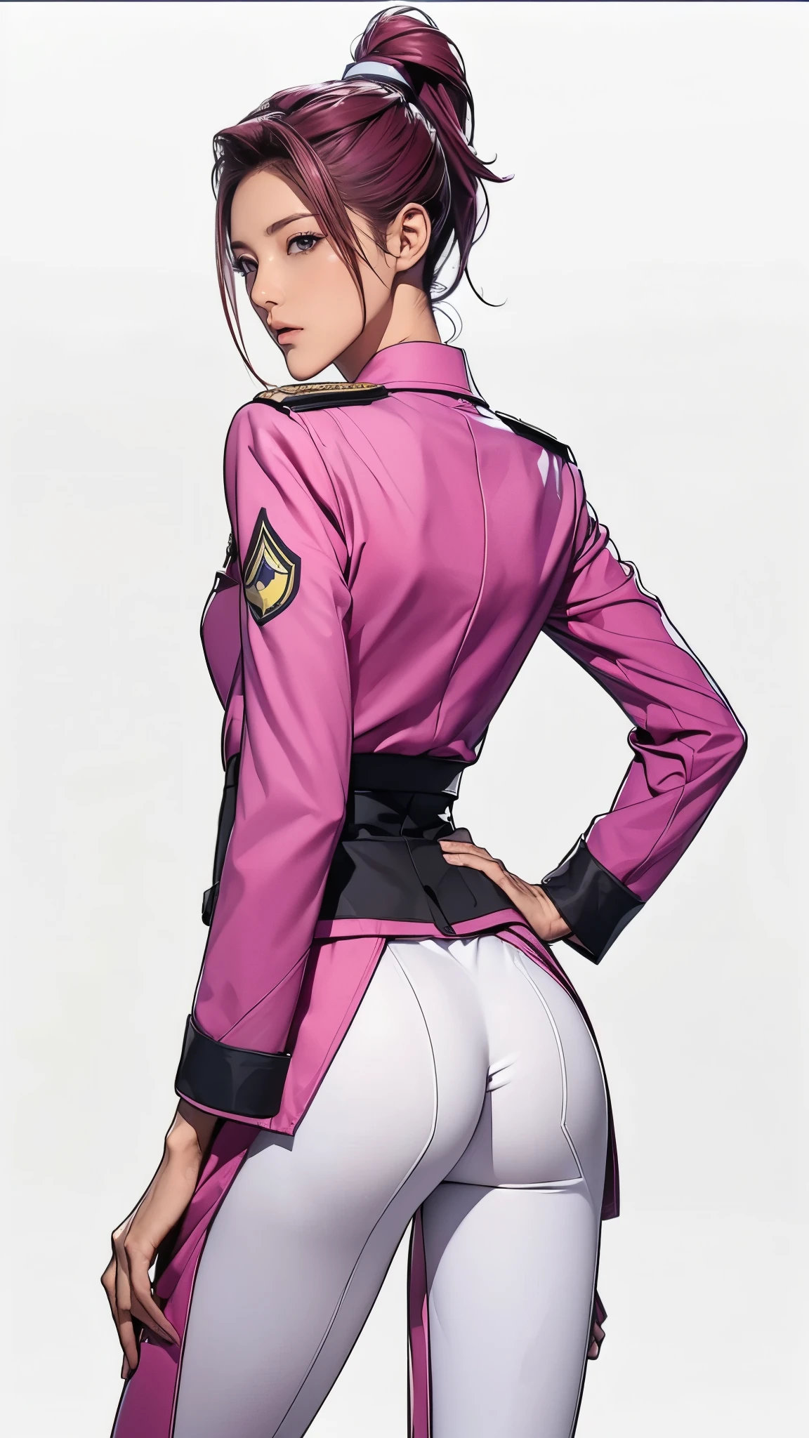 ((masterpiece)),(((highest quality))),((Reference Sheet, Character Design, front, return, ~ ~ side, Mr..々Hairstyle, Mr..々Performance, Facial Expressions)), 14-year-old girl, Cute type, (Very slim:1.4), (Very small ass:1.4), Realistic buttocks, Medium chest， Pink hair, mohawk and ponytail:1.2，Thin thighs, Long legs, It's not a big deal,(A female Earth Federation officer is walking), (Wearing Earth Federation military uniform, White and magenta military uniforms),(Worn by federal government employees&#39;White Hat:1.5)