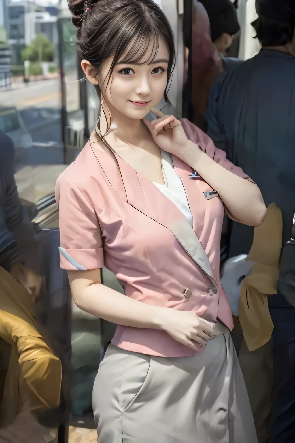 (masterpiece:1.2, highest quality:1.2), 32K HDR, High resolution, (alone、1 girl)、(On the rooftop of a building in the daytime、Professional Lighting)、Building rooftop background、(Nankai train crew uniform pinkを着たリアルスタイル)、(Nankai train crew uniform pink short sleeve collarless pink jacket、Nankai Train Crew Uniform Pink Collarless Short Sleeve Blouse、Nankai Train Crew Uniform Pink Grey Knee-length Culottes)、Dark brown hair、(Hair tied up、Hair Bun、Hair Bun)、Dark brown hair、Long Shot、Big Breasts、Thin legs、((Great hands:2.0)),((Harmonious body proportions:1.5)),((Normal limbs:2.0)),((Normal finger:2.0)),((Delicate eyes:2.0)),((Normal eyes:2.0)))、smile、(Nankai Train Crew Uniform Pink Grey Knee-length Culottesを見せた美しい歩く姿)、Holding hands