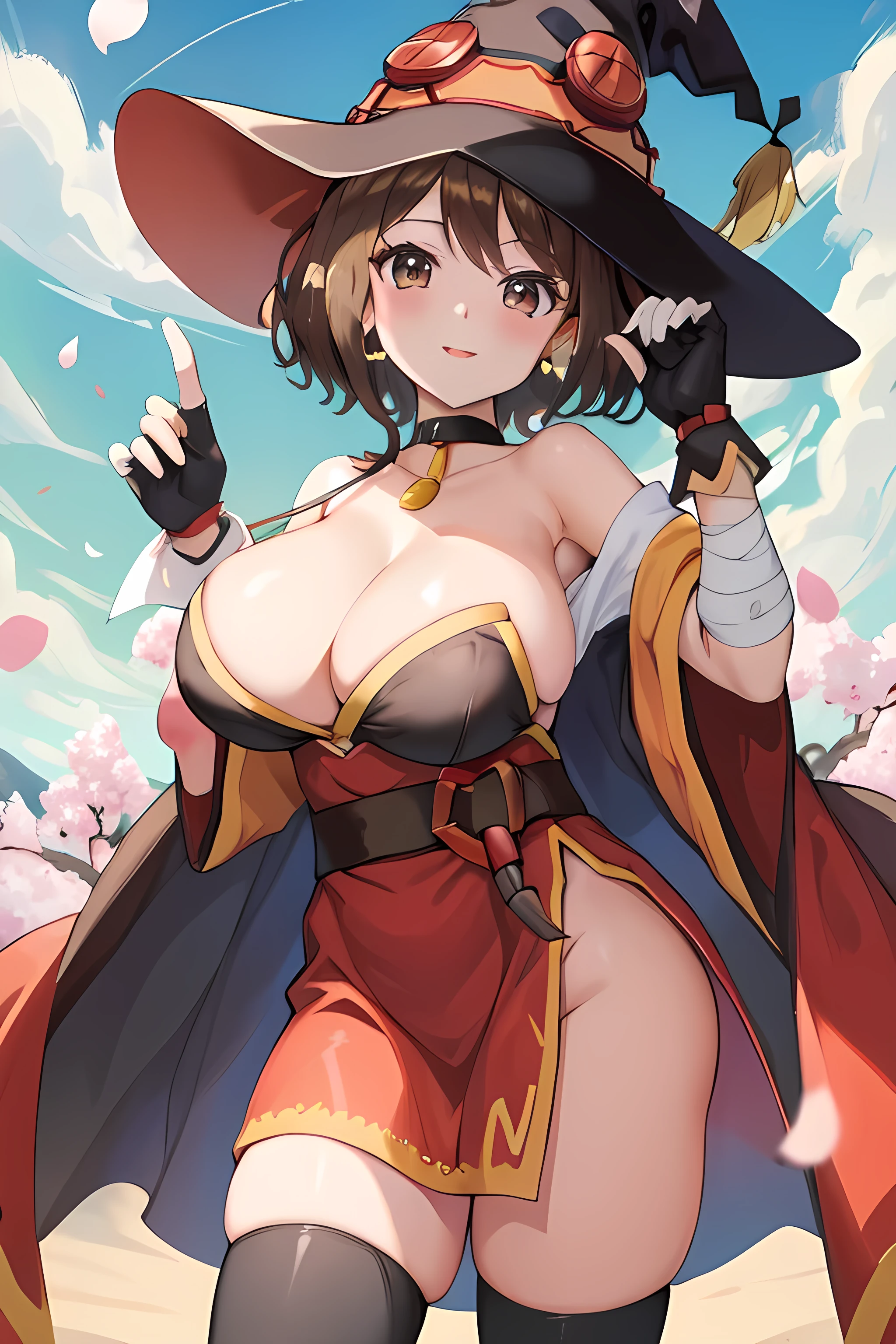 absurd resolution, high resolution, (obra maestra: 1.4), hiper-detalle, obra maestra, mejor calidad), detalles intrincados,
1 chica, , Bandages,n, Fingerless Gloves, Mini-dress, Witch Hat, pose sexy, dynamic angle, obra maestra, de primera calidad, de pie, (borgar: 1.1), nubes, background of a japanese cherry garden, petals in the air. alta calidad, mirando al espectador, sonrisa, style megumin, collarbone, outdoors, parted lips, sky, choker, black gloves, belt, black thighhighs, fingerless gloves, off shoulder, cape, collar, witch hat, bandages, red dress, black belt, off-shoulder dress, sonrisa, cabello amarillo miel, huge breasts