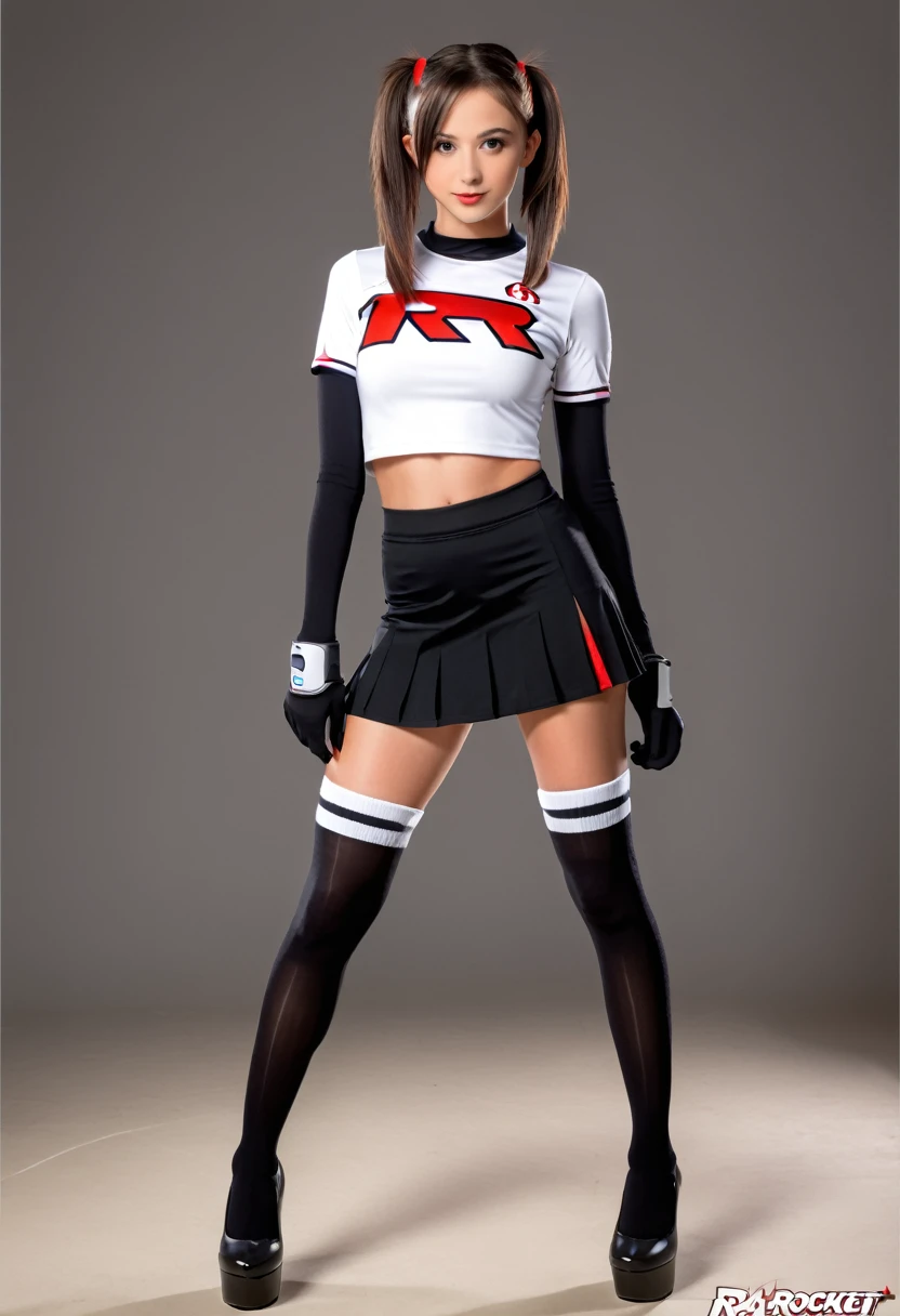 (15 Year Old 1.5), European teen, brunette teen, teen cute face, white skin, girl beautiful face, beautiful baby girl, medium Breasts, Long Legs, fitness body, (wearing team rocket,team rocket uniform,white skirt,red letter R,crop top,black thigh-highs,black elbow gloves 1.5), naked torso, (black Tiny mini Skirt 1.5), (show legs and thighs), black platform straps high heels, white knee high socks, Slim sexy long legs, modeling, medium Angle Shot, Full Body lust, sexy Slim body, (sexy aluring stance, (spread legs towards viewer 1.5), ass and thighs showing, New York, United States, ray tracing, HDR