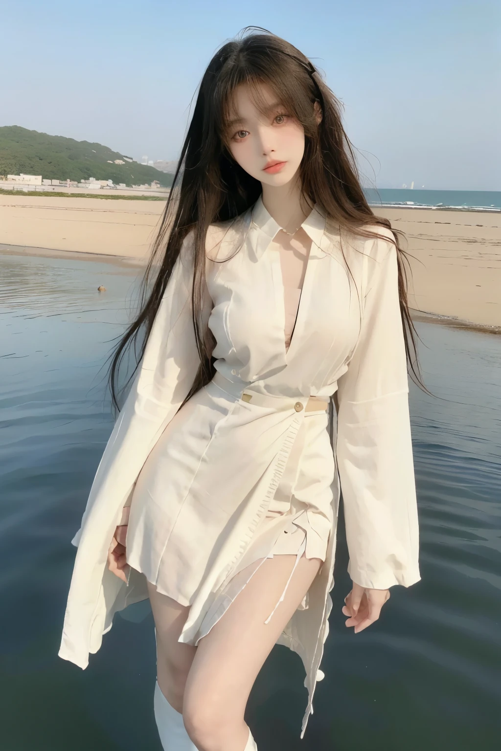 Beautiful woman with perfect body:1.4,Layered Hairstyle,Highly detailed face and skin textures,Double eyelids,Skin Whitening,Long hair,Whitened long legs,(Japanese school uniforms,Collar),Standing by the sea,Half-length photo