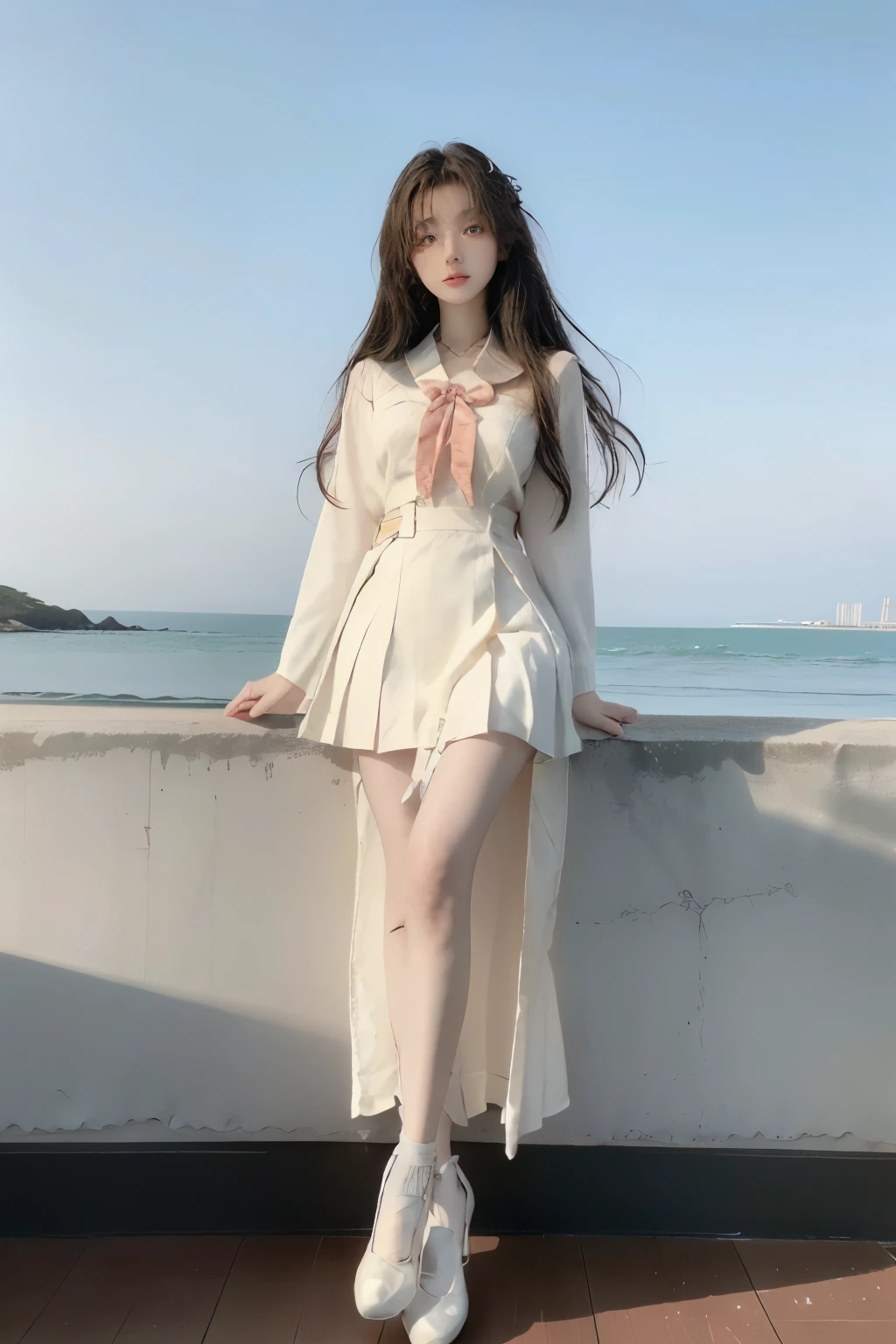 Beautiful woman with perfect body：1.4，Layered Hairstyle，Highly detailed face and skin textures，Double eyelids，Skin Whitening，Long hair，Whitened long legs，（Japanese school uniforms，Collar），Standing by the sea，Half-length photo