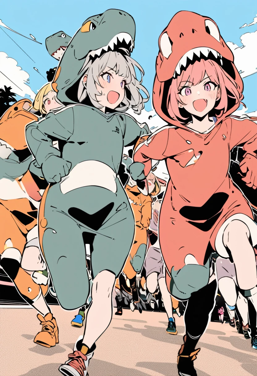 flat color,(best quality, masterpiece, ultra highres, ultra-detailed),(five Girls in T-REX costumes are racing),tween,running,detailed T-REX costumes,detailed faceAt playground,