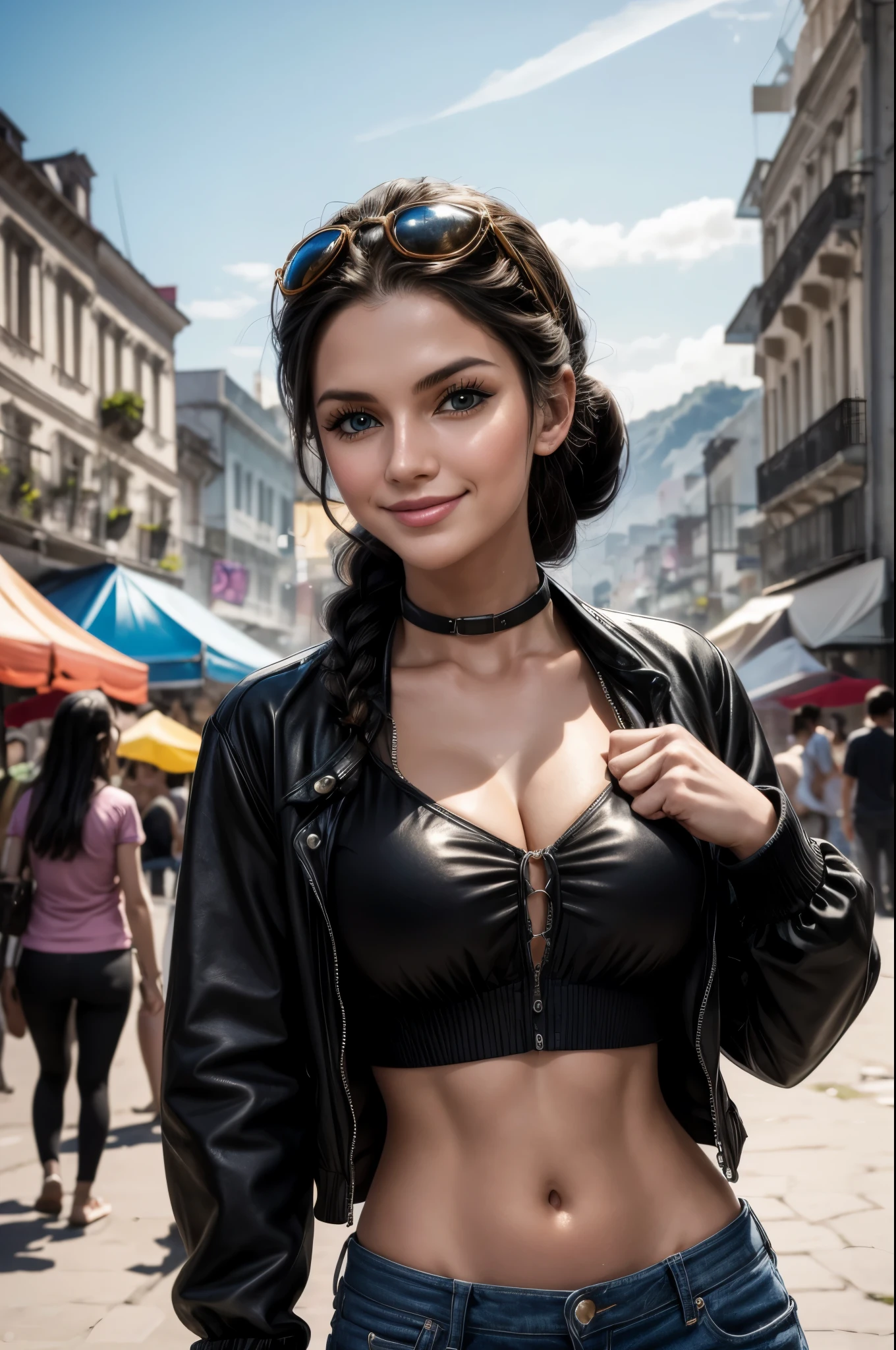 masterpiece, best quality, extremely detailed, hyperrealistic:1.1, photorealistic, a beautiful 20s russian model, ultra detailed face:1.1, braid, black hair, black crop top, collared jacket, festival, sunshine, dynamic pose:1.1, dancing, the scene of the rio carnival, energetic, happy smile:1.1
