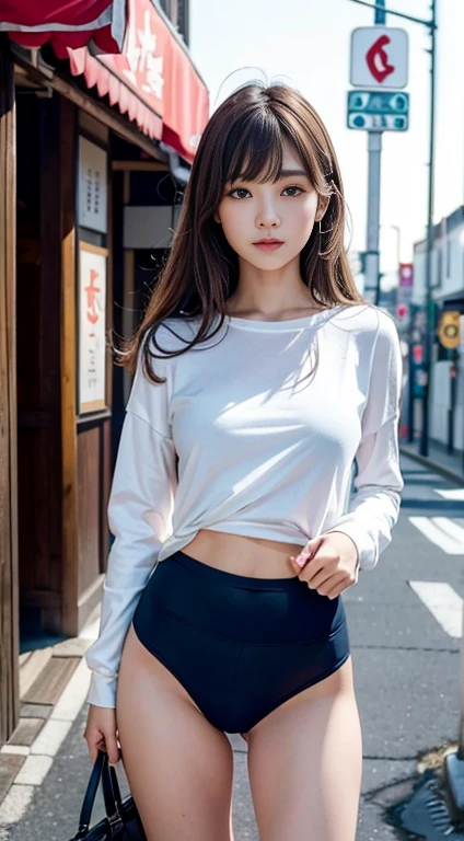 (masterpiece:1.3), (8k, Realistic, RAW Photos, Best image quality: 1.4), Japanese, (One Girl), Beautiful Face, (Lively Faces), Beautiful Hairstyles, Realistic eyes, Beautiful details in the eyes, (Realistic Skin), Beautiful skins, Charm, 超A high resolution, Ultra-realistic, Attention to detail, Golden Ratio, (Detail Makeup:1.2), View your viewers,Tabletop, highest quality, Very detailed, In detail, High resolution, Composition of the whole body、Open leg pose、Boldly open your legs、Beautiful details, Natural color lip,Realistic、Realistic、alone、Realistic、highest quality、Very detailedな顔、Very detailedな目と顔、Beautiful and detailed、Absurd、Unbelievably absurd、My hair is messy、Floating Hair、Brown Hair、Wavy Hairstyle、Medium Hair、(Extremely detailed CG、8K Image Wallpapers)、(Very delicate and beautiful)、(masterpiece)、(highest quality:1.0)、(超A high resolution:1.0)、Beautiful lighting、Perfect Lightning、Realistic Shadows、[High resolution]、Detailed skin、Very detailedな、Detailed face and eyes、Realistic eyes、Sharp pupils、Beautiful Face、Outdoor、Downtown Japan、Amidst the hustle and bustle、Blurred Background、Glowing Skin、Blunt bangs、Red Eye、(Sailor suit 1.2)、Sailor suits have long sleeves、Ultra HD Photos, 8K quality, School Area, Systemic composition, Looking into the camera, Japanese women, 20-year-old, Perfect beauty, Texture with visible pores, Perfect Face, Transparent muscle, Transparent muscle, Beautiful and toned body, Muscular, thin, Small breasts, Tight ass and small breasts、Small Ass、 Bloomers (Bloomers in Japan School, Seamless Design, Monochromatic Bloomers, Bloomers are dark blue, Exactly、Bloomers are elastic fabrics、Bloomers length from navel３ｃｍThe following degrees::, )Legs wide open、In the middle of town on the way home from school