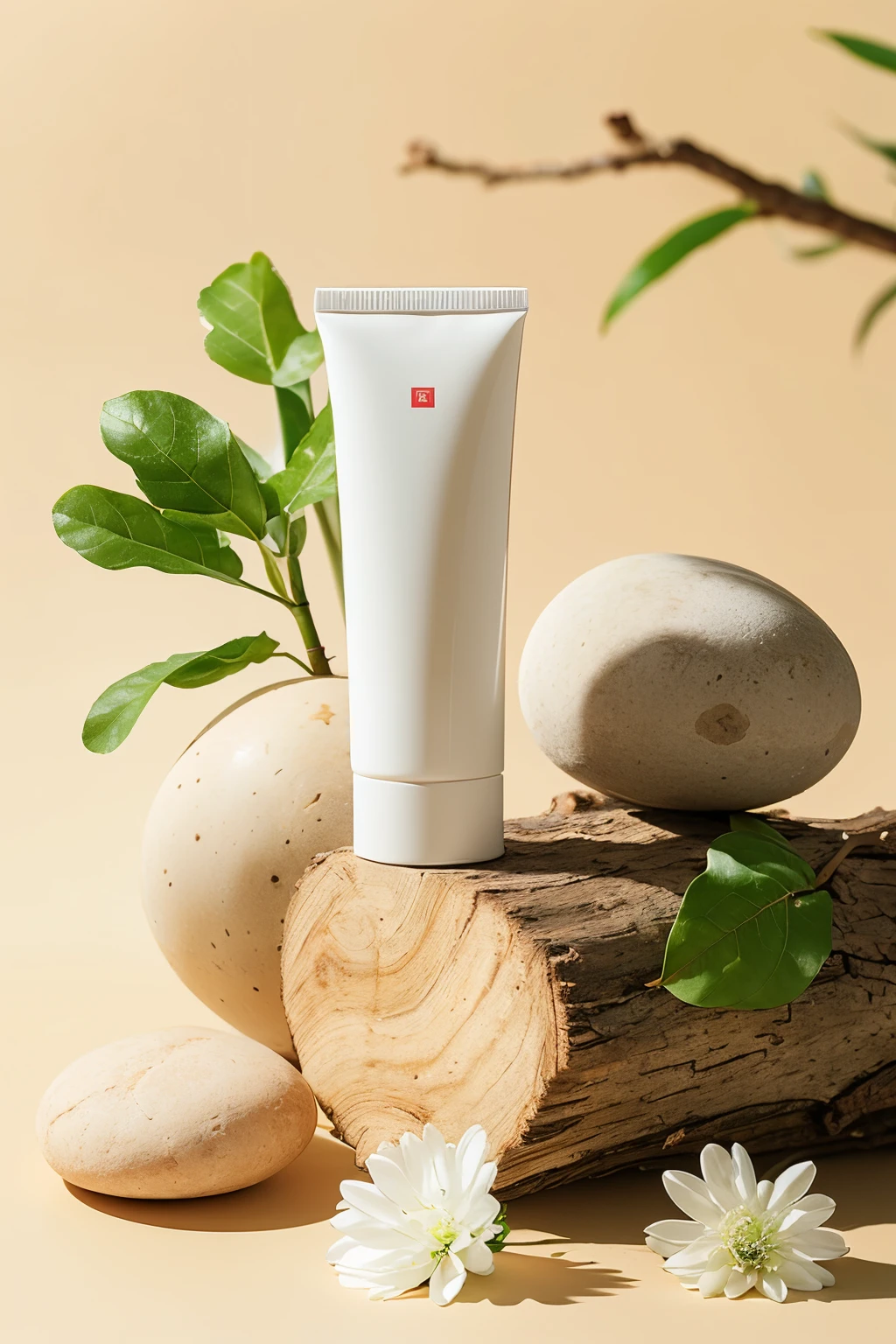 (No humans:0.8),Water cup,product picture,(cleasing milk:1.1),No humans,dead Tree,wood,food,still life,flower,food focus,leaf,Tree,rock,landscape,white flower,plant,Atmosphere,warm color,Minimalism,Correct composition,Light brown background,
