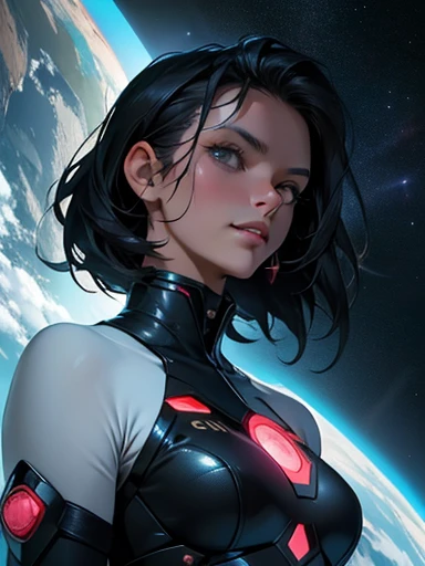 "interestelar: Epic space exploration, breathtaking cosmic views, nave espacial futurista, intergalactic day, Cenas celestiais inspiradoras, Sistemas estelares distantes, Ethereal nebulae, grandeza do universo, cosmic mysteries unveiled, paisagens interestelares surreais." Generate an image of a woman with black hair, deep eyes, and red rosy lips. She should be in a mystical universe filled with tarot cards and other esoteric elements. The background should be rich with cosmic and mystical themes, emphasizing a sense of mystery and spirituality. Make sure to stop at least a couple of times to ensure accuracy and quality."