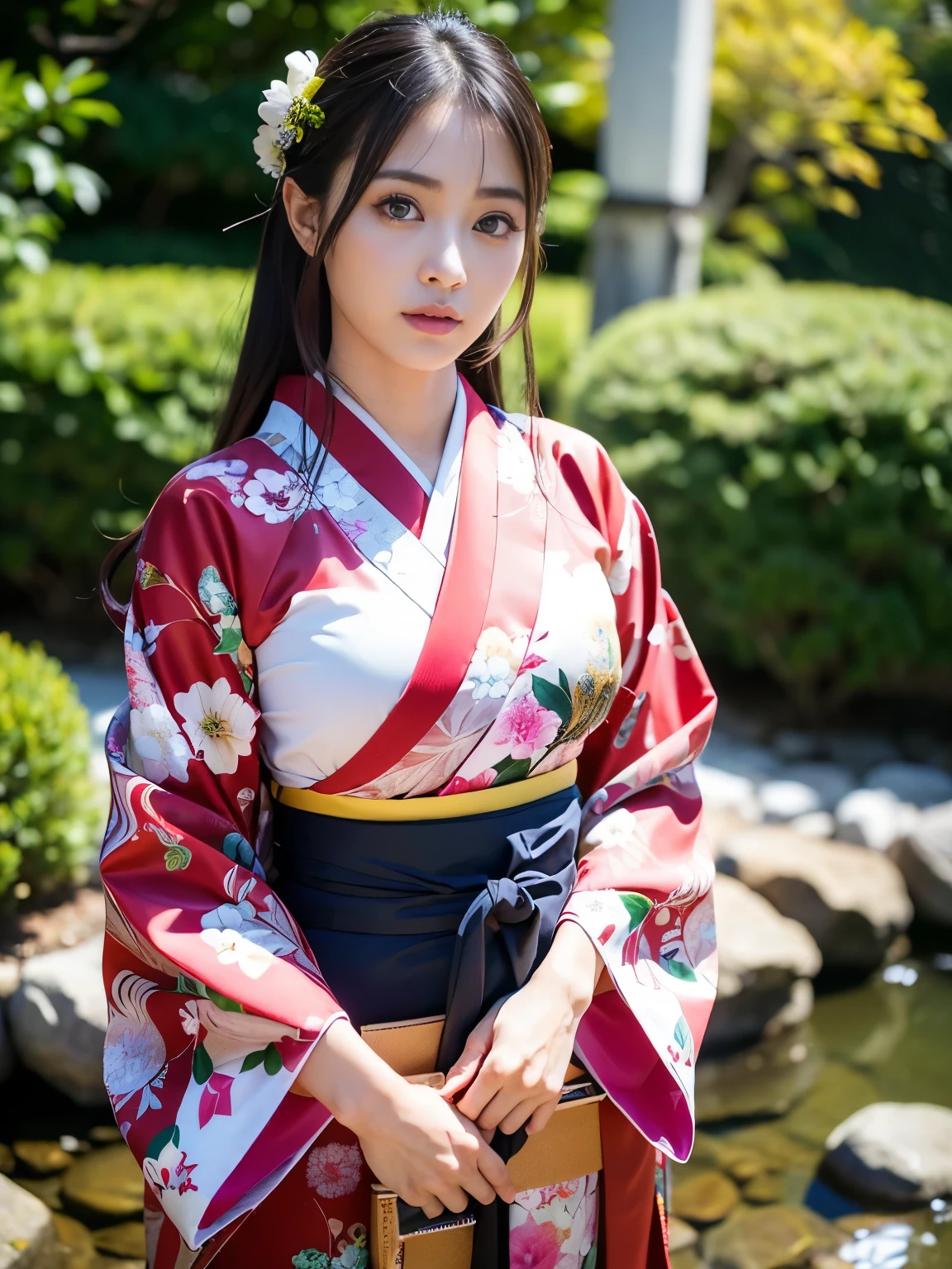 (Best-quality, Masterpiece, Ultra-High-Resolution, (Photorealistic:1.4), Raw Photo, depth of field, professional lighting, perfect anatomy, extremely details), 1girl, the most famous Japanese actress, cowboy shot, in Japanese-style garden, wearing extremely beautiful Japanese-KIMONO with gorgeous-design, ((standing with Japanese-KATANA in right hand)), (extremely beautiful and realistic face, ((extremely beautiful and extremely realistic big-eyes)), extremely beautiful and extremely realistic hair, extremely beautiful and extremely realistic skins), looking at viewer, detailed extremely-beautiful-Japanese-KIMONO-with-gorgeous-design, ((detailed Japanese-KATANA)), detailed Japanese-style-garden